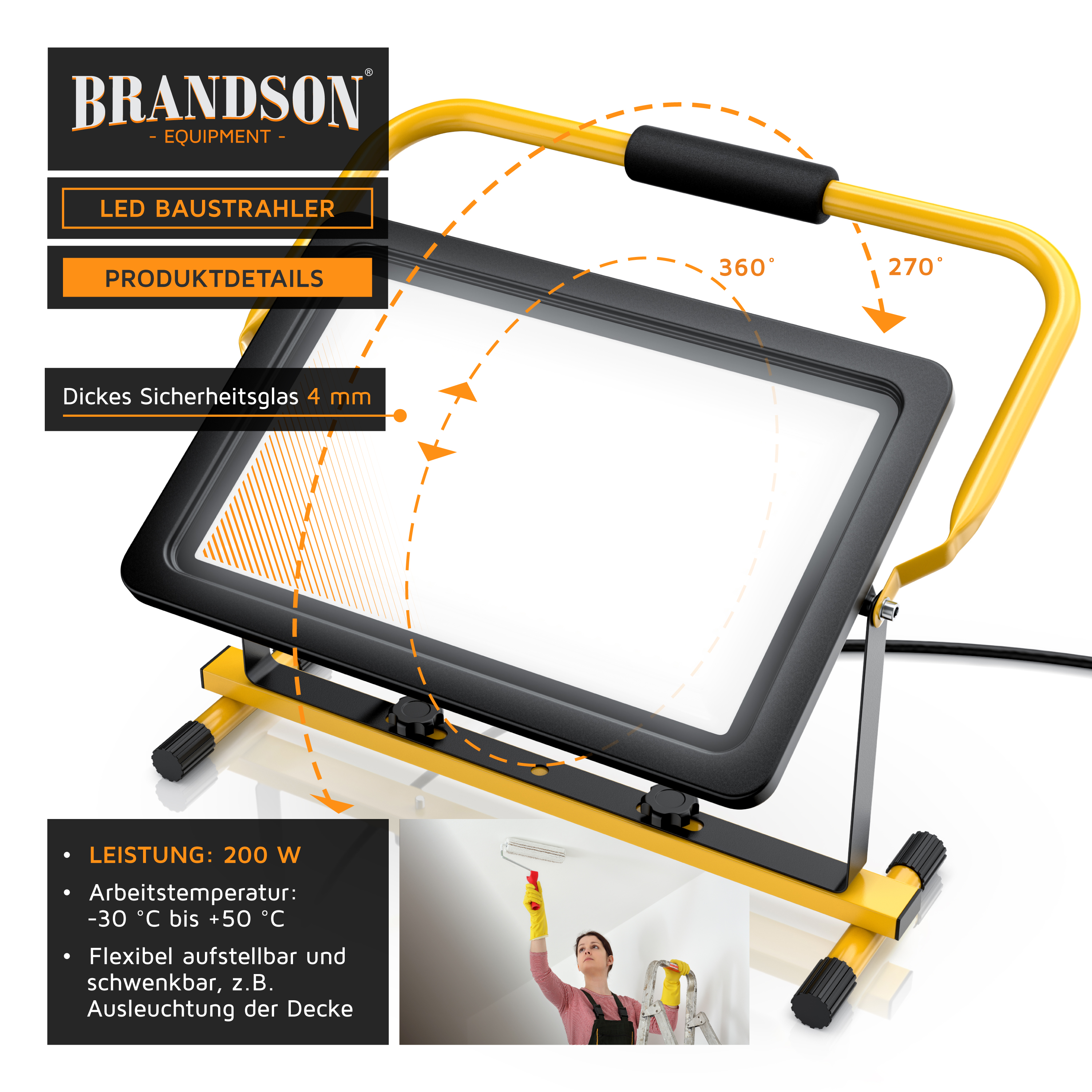 Brandson LED-Baustrahler mit stabilem Rahmen, dickem Sicherheitsglas und einstellbaren Winkeln für vielseitige Beleuchtung in verschiedenen Arbeitssituationen.