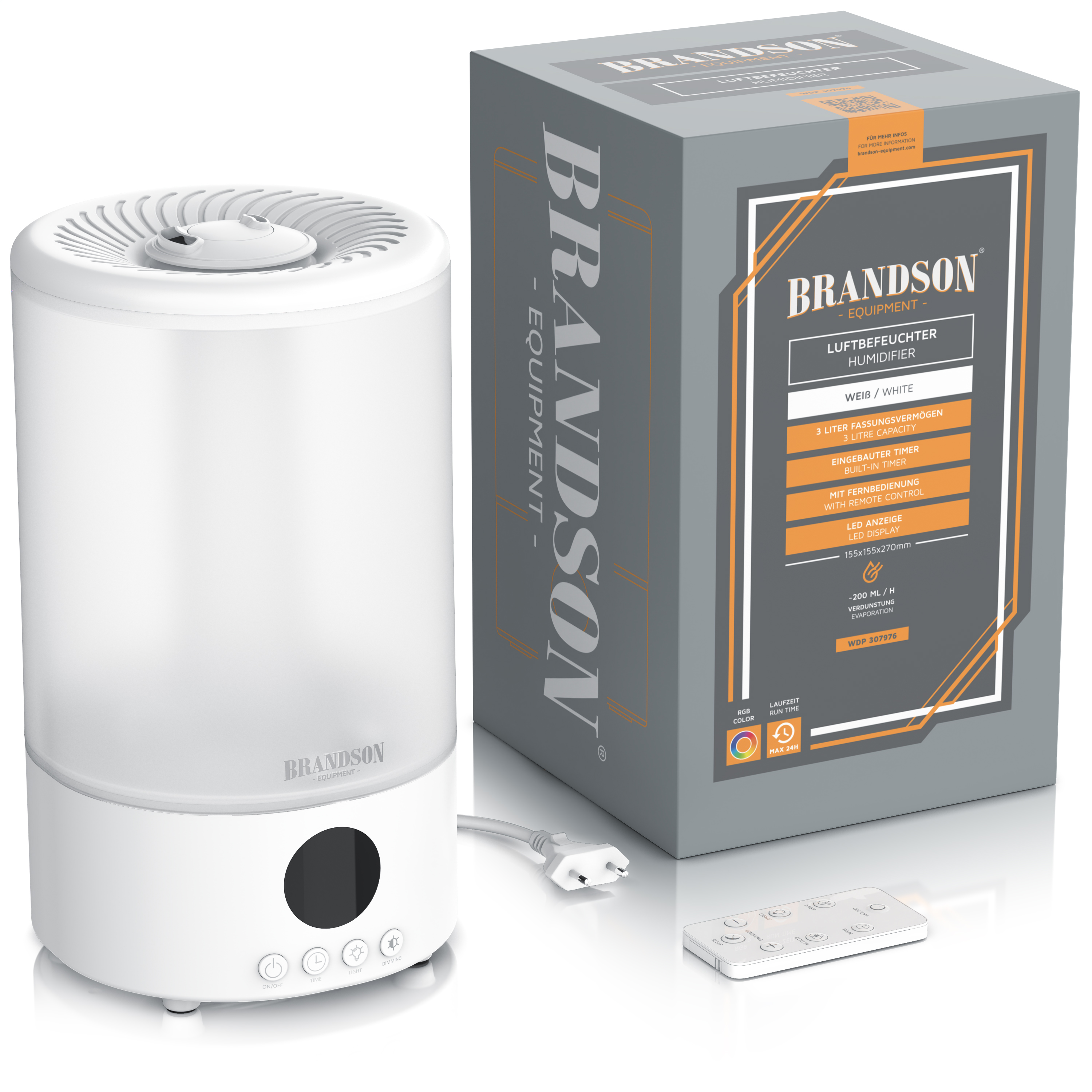 Luftbefeuchter von Brandson in Weiß mit schlankem zylindrischem Design, LED-Anzeige und Fernbedienung neben der Verpackung.