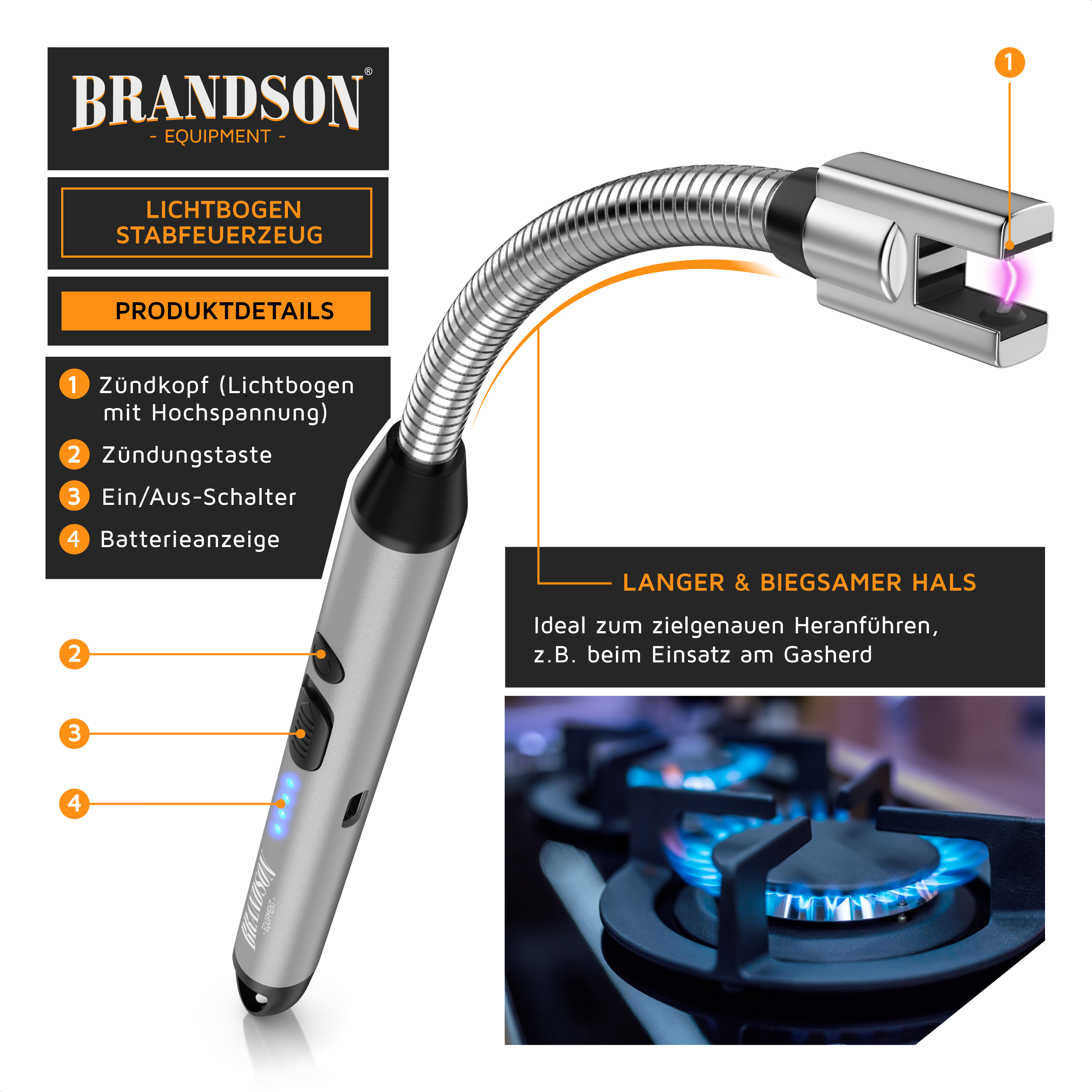 Brandson Lichtbogen-Stabfeuerzeug mit flexiblem Hals, Zündtaste und Batterieanzeige, ideal für den Einsatz am Gasherd.