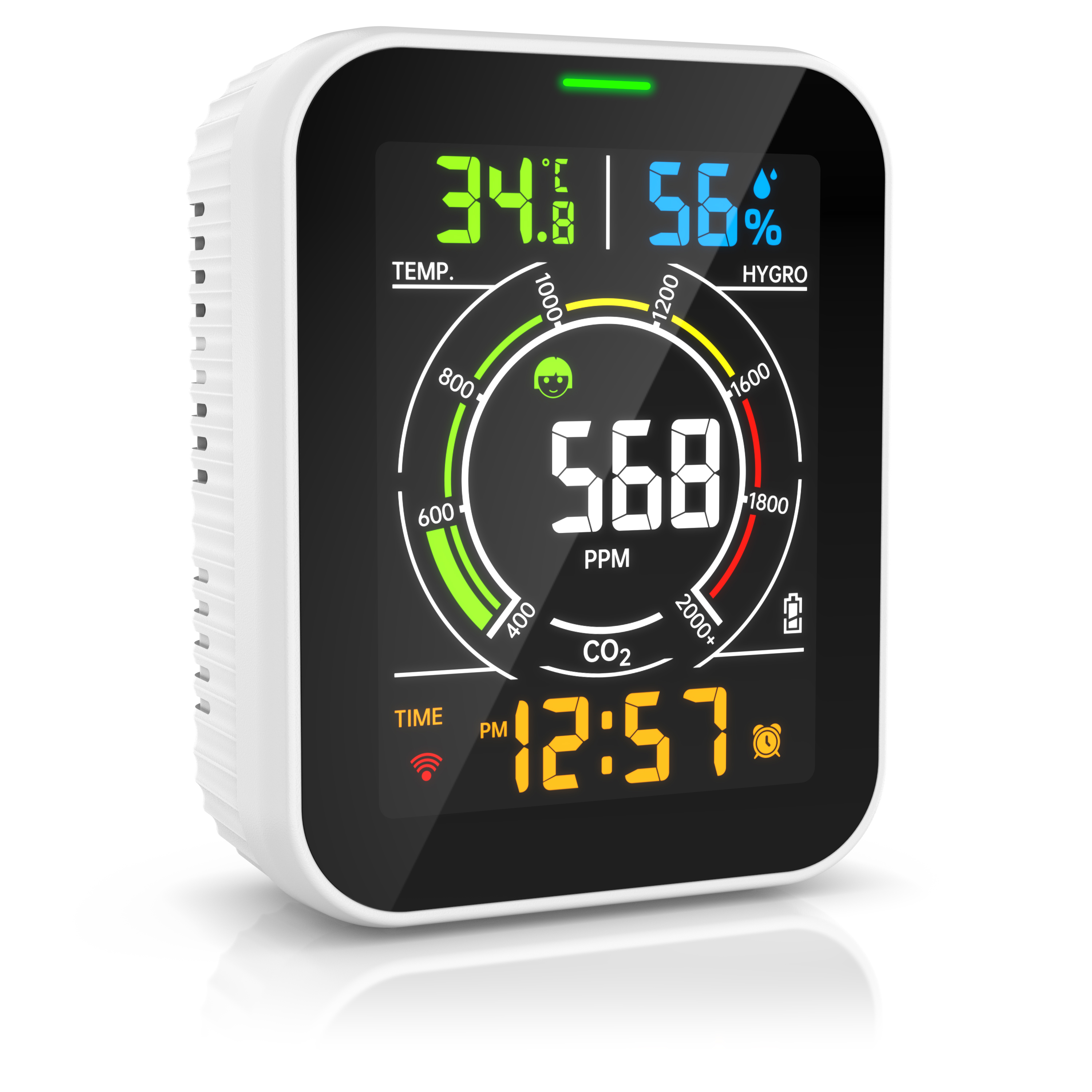 Brandson Luftqualitätsmonitor mit digitalem Display, zeigt Temperatur, Luftfeuchtigkeit und CO2-Werte in einem kompakten, weißen Gehäuse.