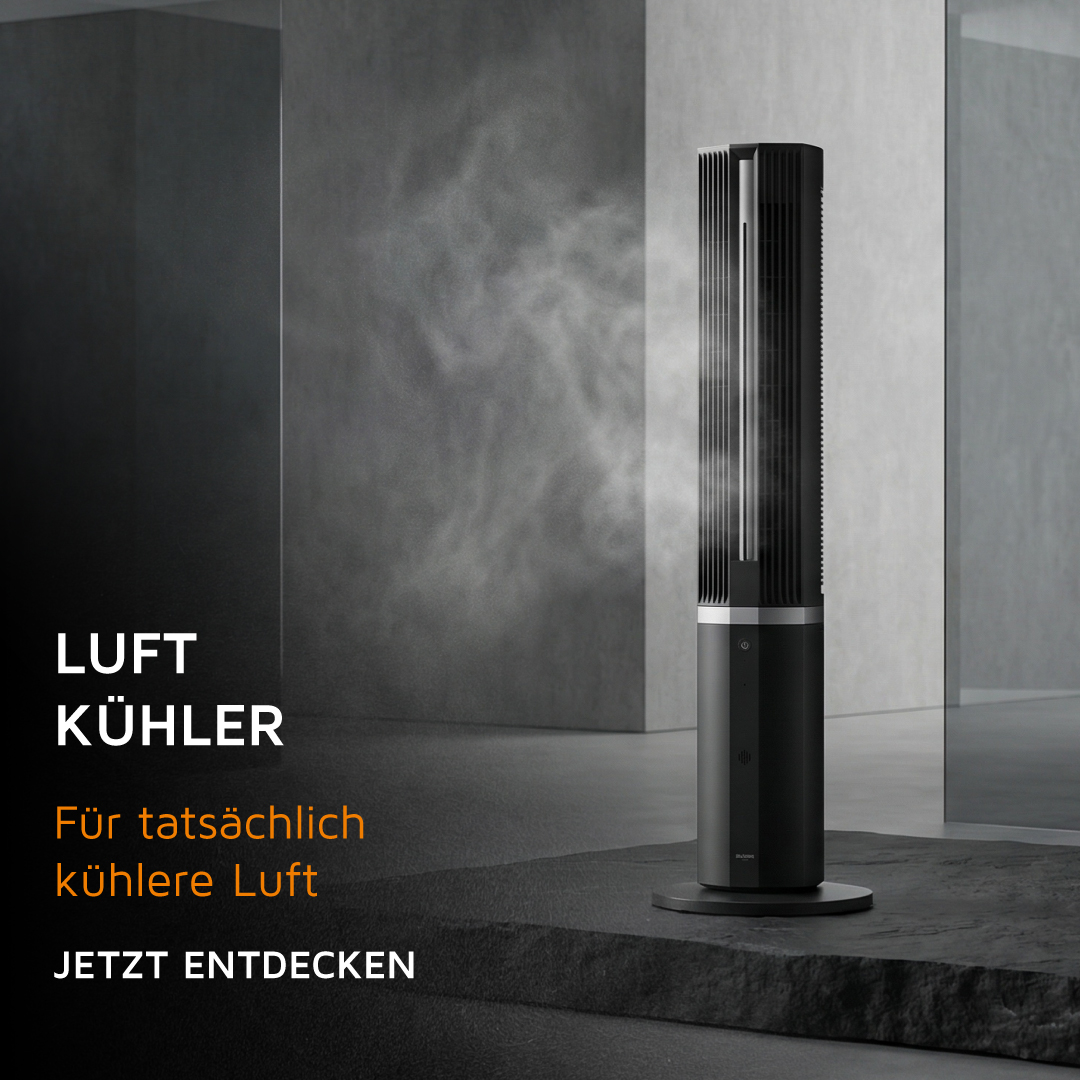 Brandson-Luftkühler im eleganten schwarzen Design mit vertikalen Lamellen, der kühlen Nebel in einem modernen Innenbereich abgibt.