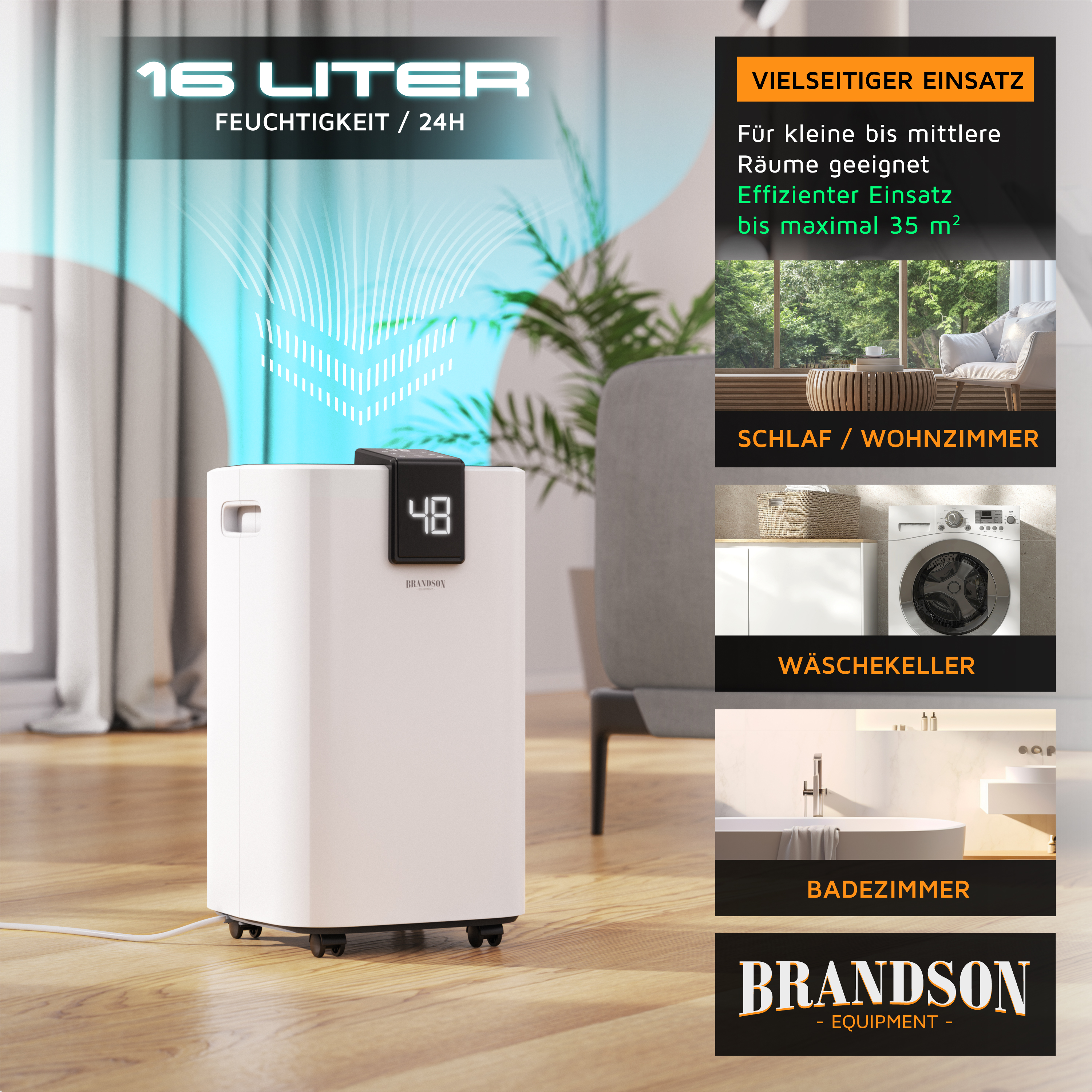 Brandson Luftentfeuchter in Weiß mit digitalem Display und Rollen, geeignet für kleine bis mittlere Räume.