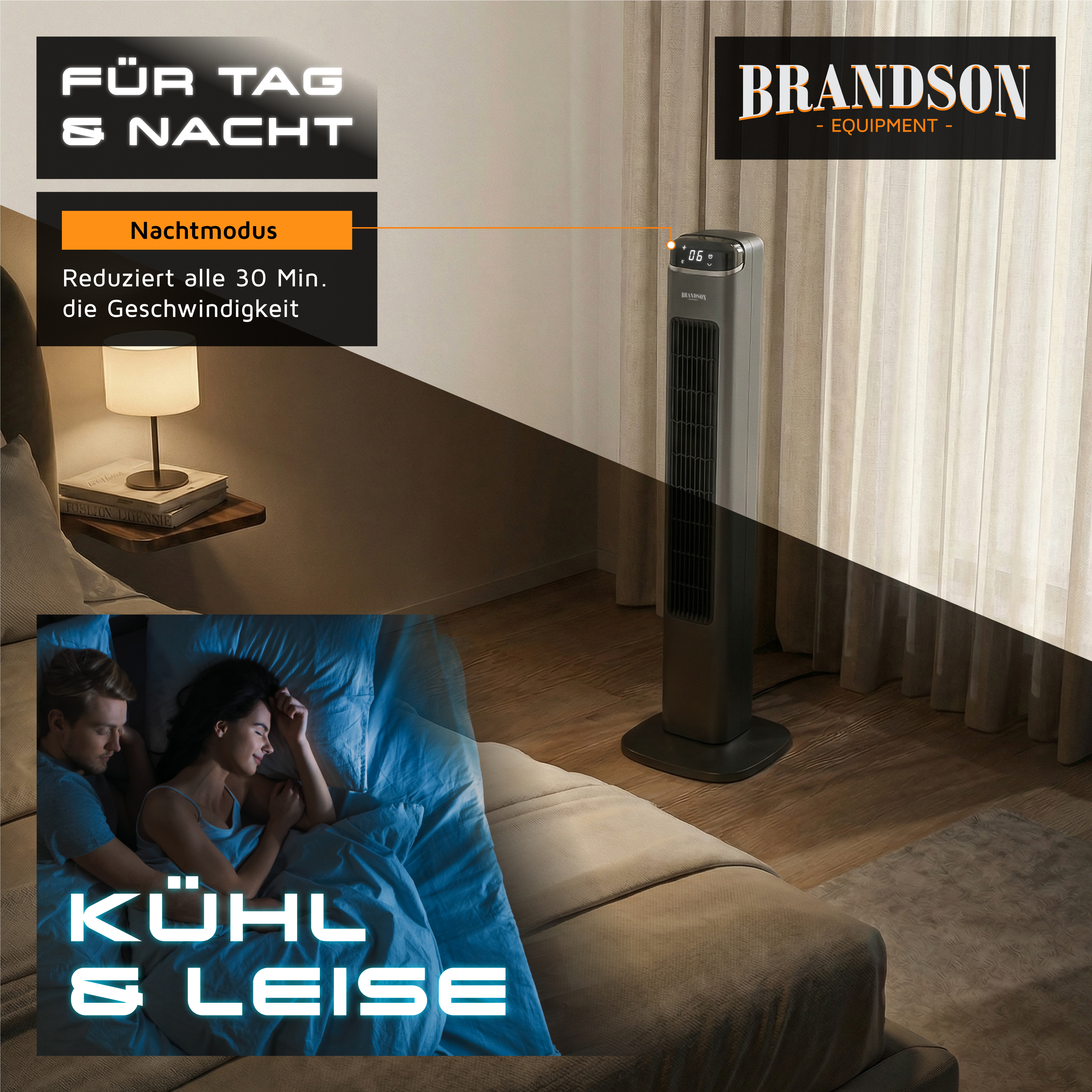 Brandson Turmventilator mit elegantem Design, dunkler Farbe, Digitalanzeige und Fernbedienung, platziert in einer gemütlichen Schlafzimmerumgebung.
