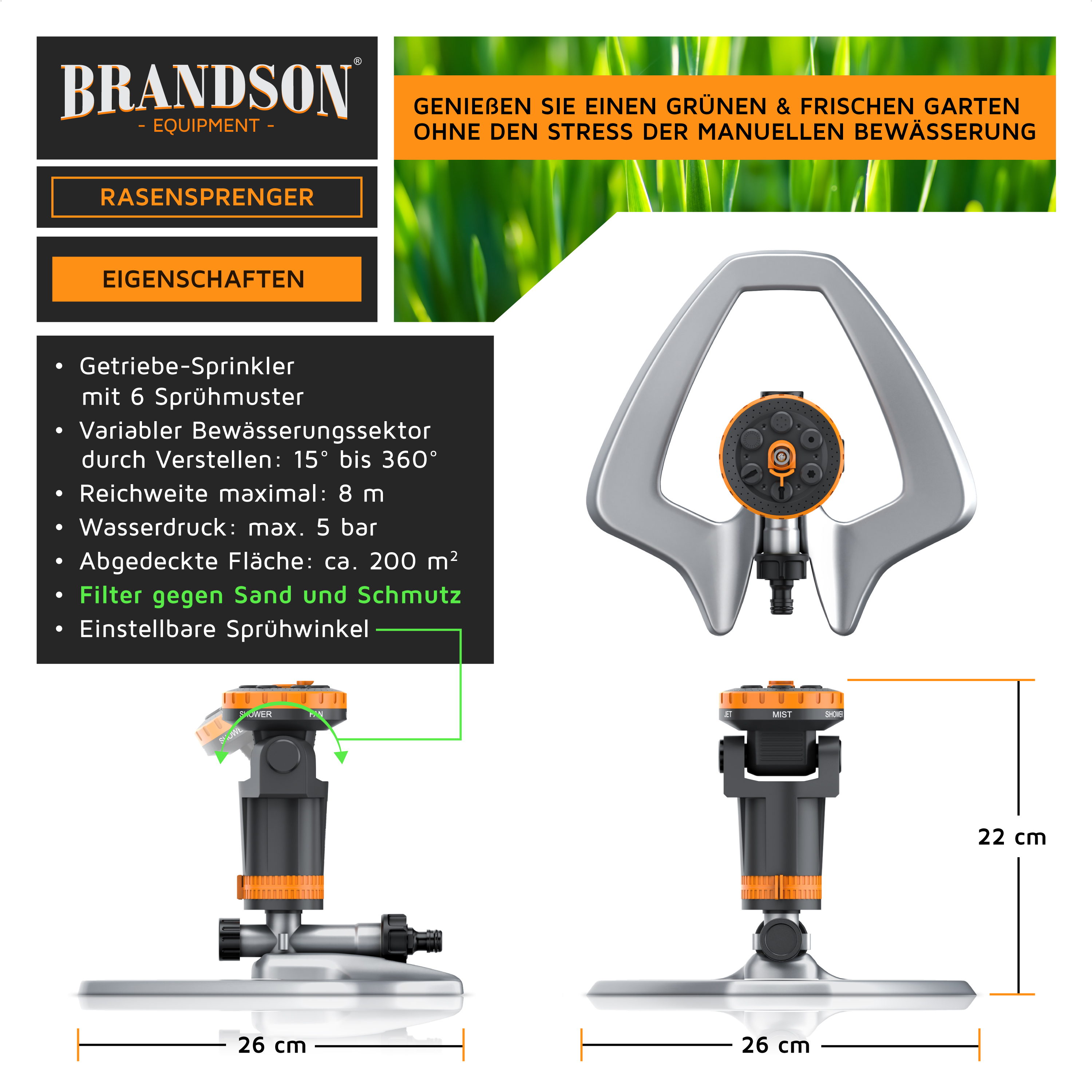 Brandson Rasensprenger mit 6 Sprühmustern, variabel einstellbarem Bewässerungssektor und Filter gegen Sand und Schmutz.