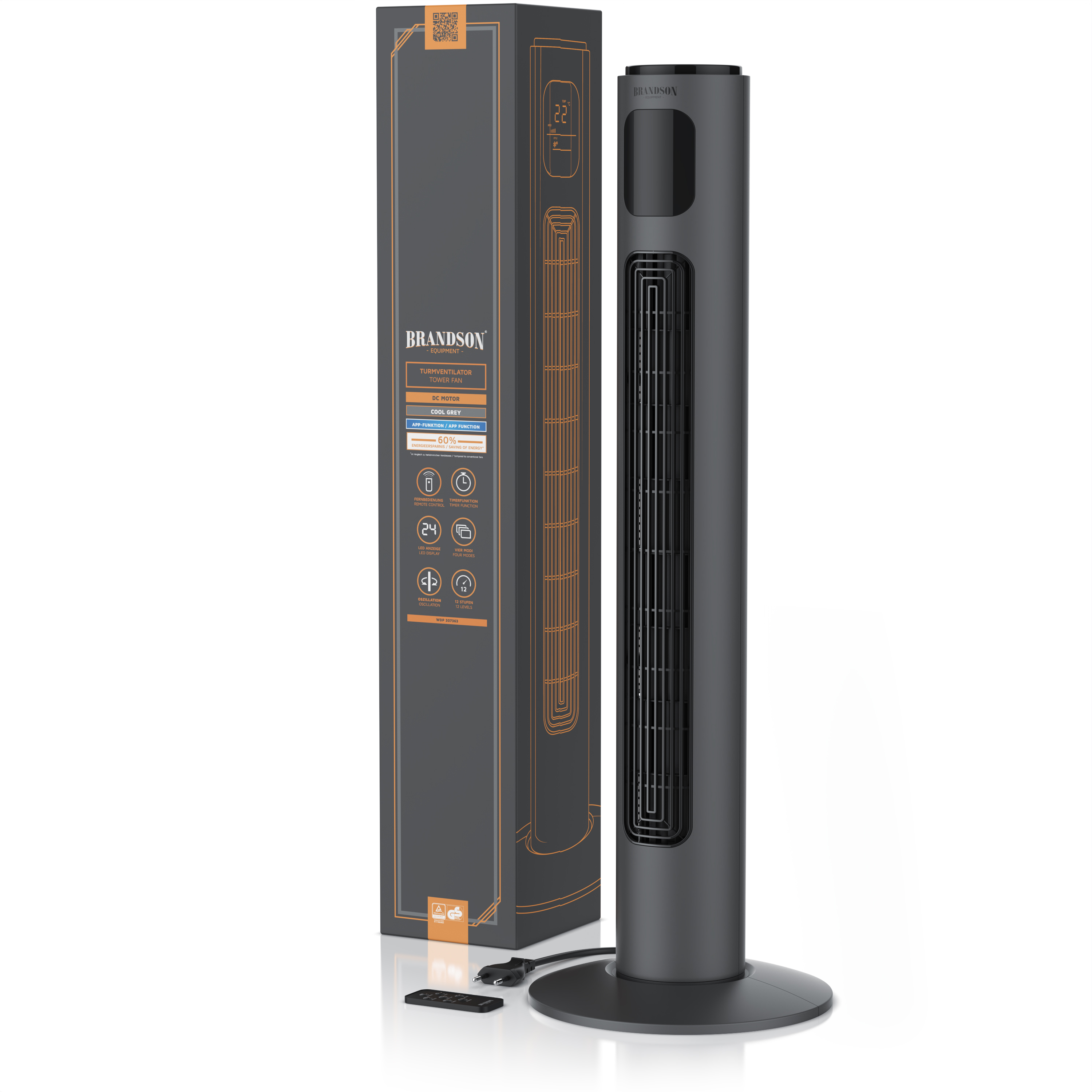 Brandson Turmventilator im eleganten schwarzen Design mit Digitalanzeige und Fernbedienung, verpackt in einer stilvollen Box.