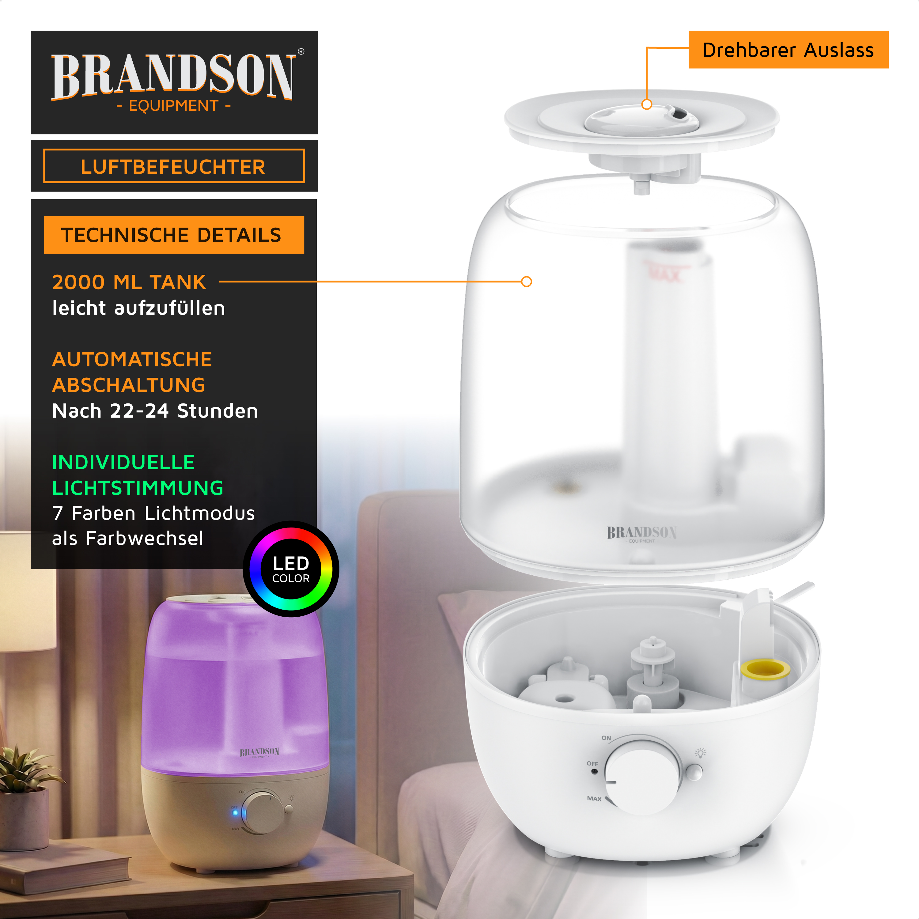 Brandson Luftbefeuchter mit transparentem Wassertank, drehbarem Auslass und LED-Farbwechsel, ideal für den Einsatz im Wohnbereich.