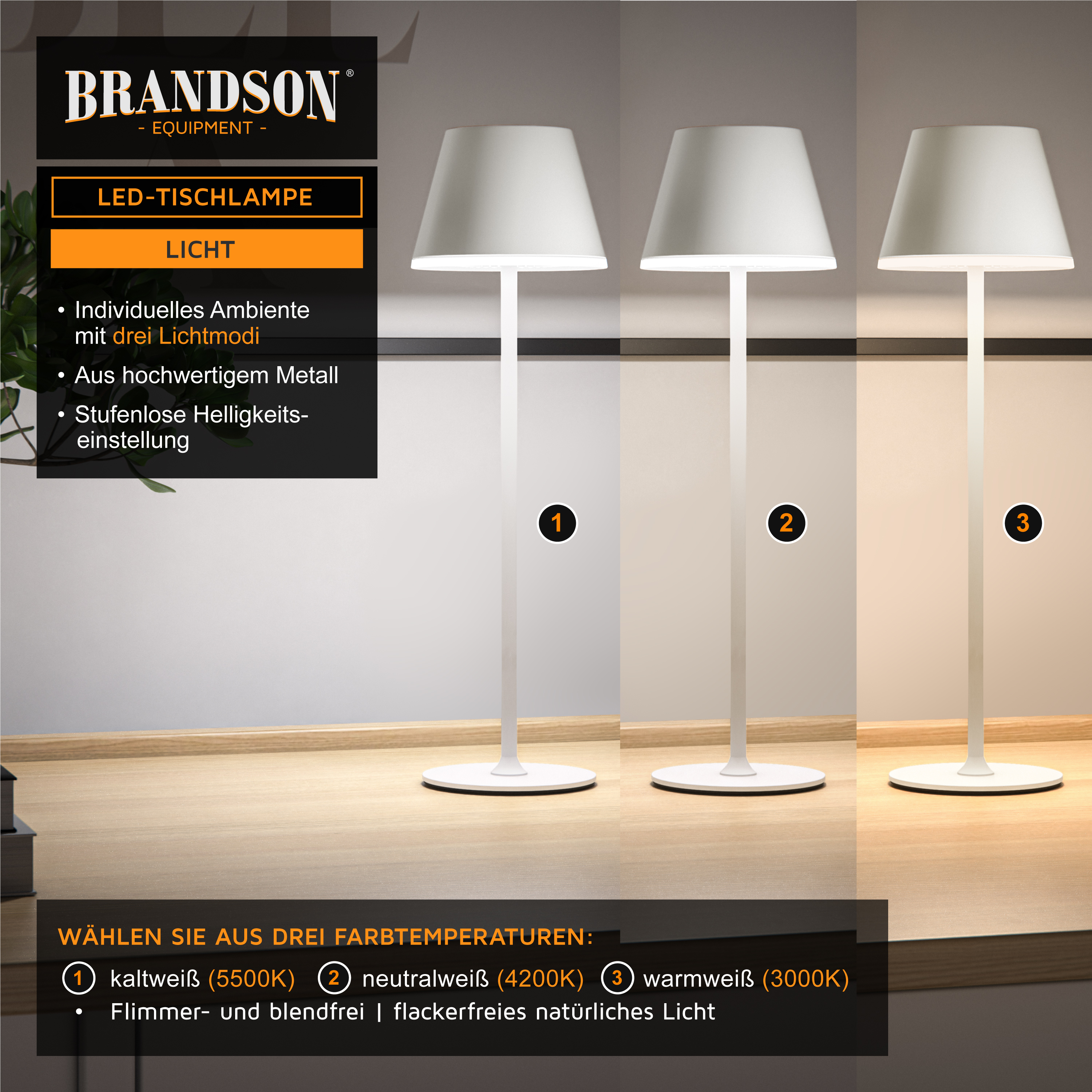 Brandson LED-Tischleuchte in schlichtem Design, aus hochwertigem Metall gefertigt, mit drei Lichtmodi und stufenloser Helligkeitsregulierung.