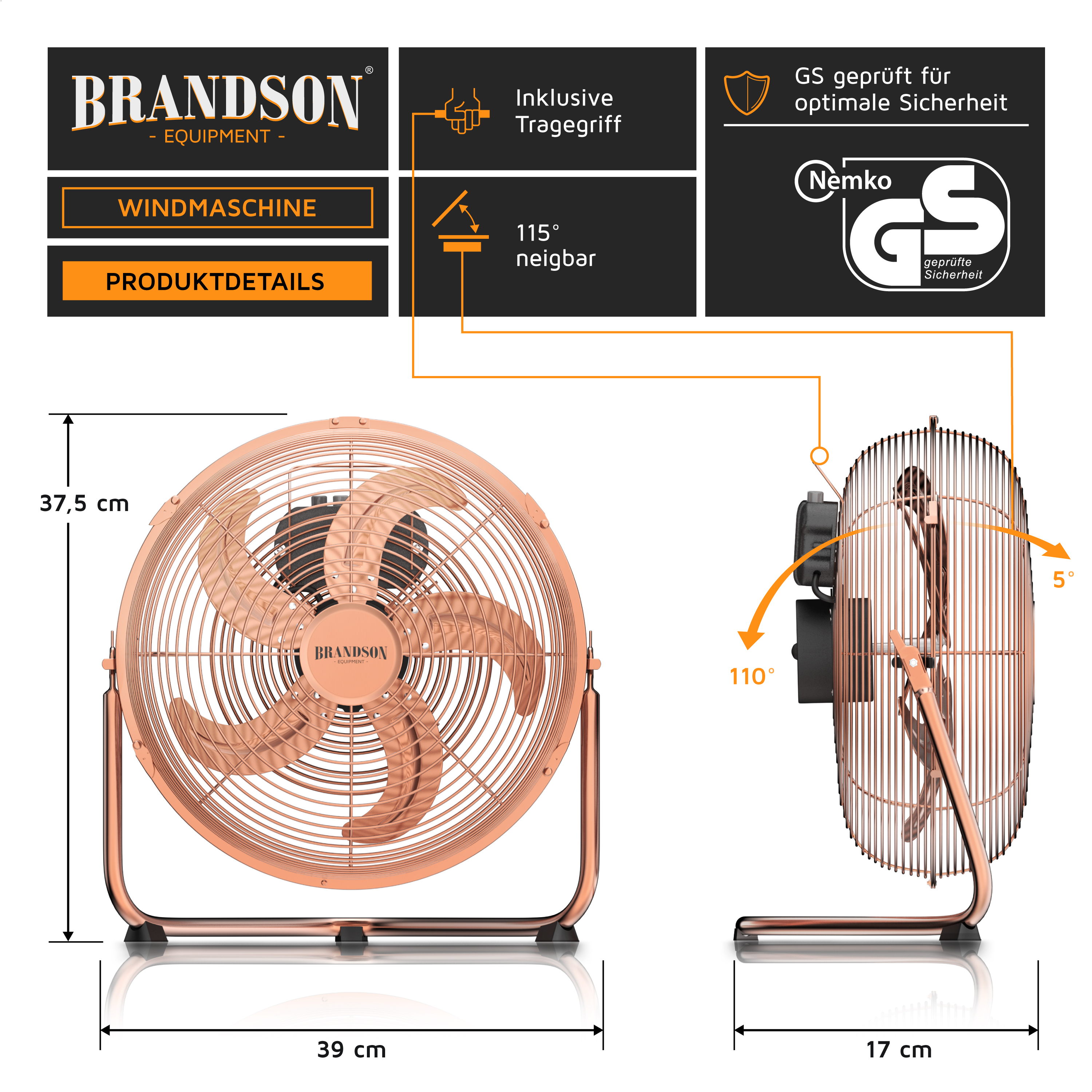 Windmaschine von Brandson in Kupferfarbe mit stabilem Metallrahmen, verstellbarer Neigung und sichtbarem Tragegriff.