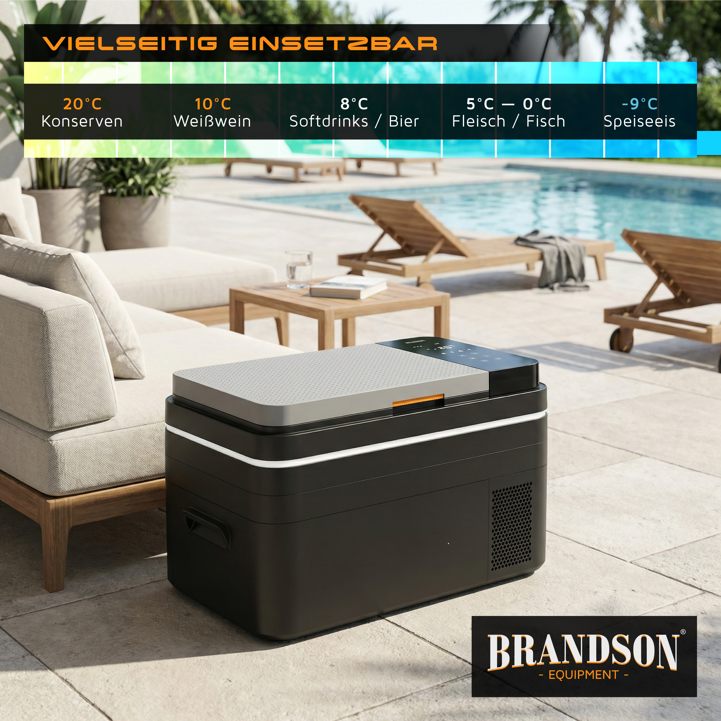 Brandson elektrische Kühlbox in Schwarz mit grauem Deckel, Bedienfeld und Griff, ideal für den Einsatz im Freien.