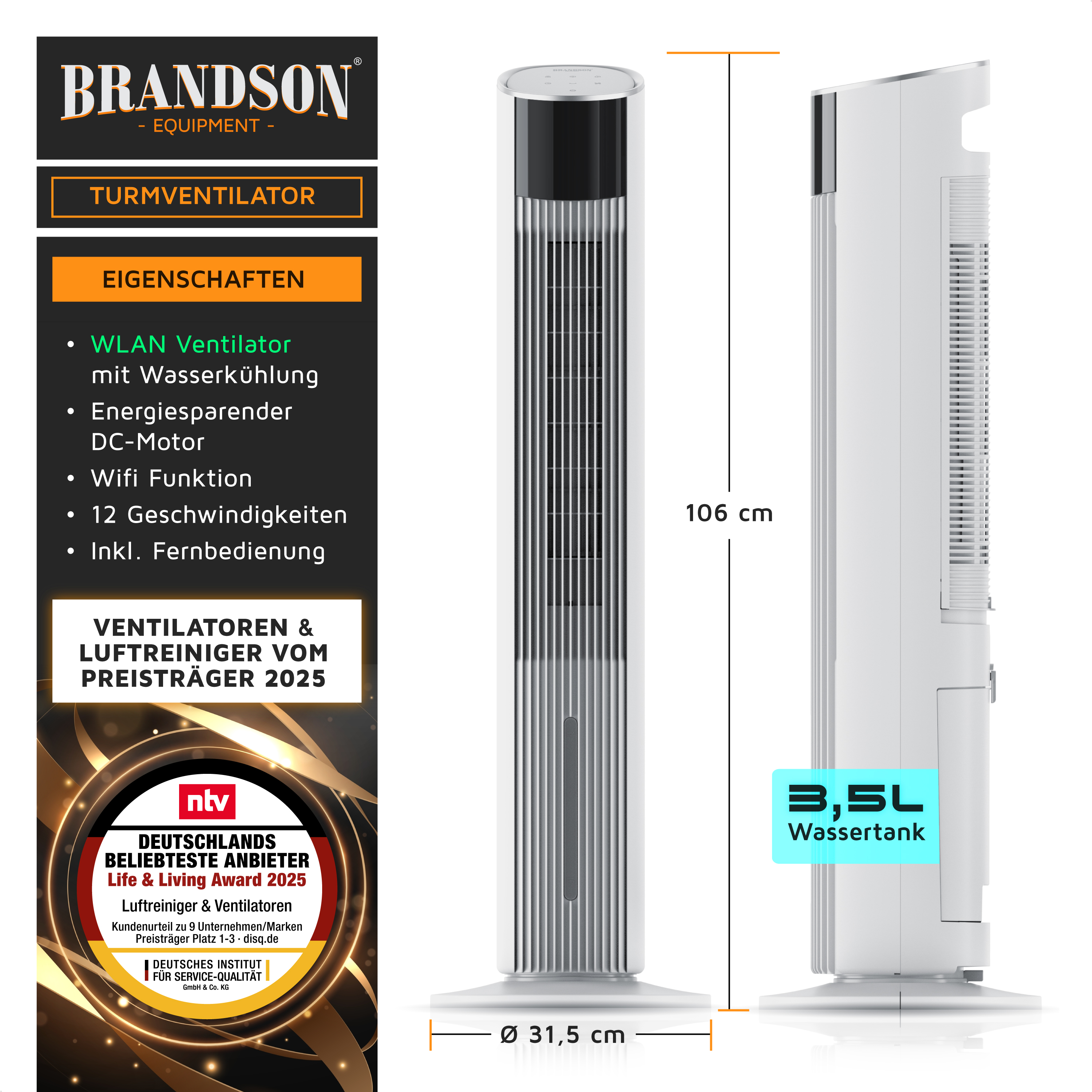 Brandson Turmventilator in Weiß mit Wasserfunktion, 106 cm hoch, inkl. Fernbedienung und 3,5L Wassertank.