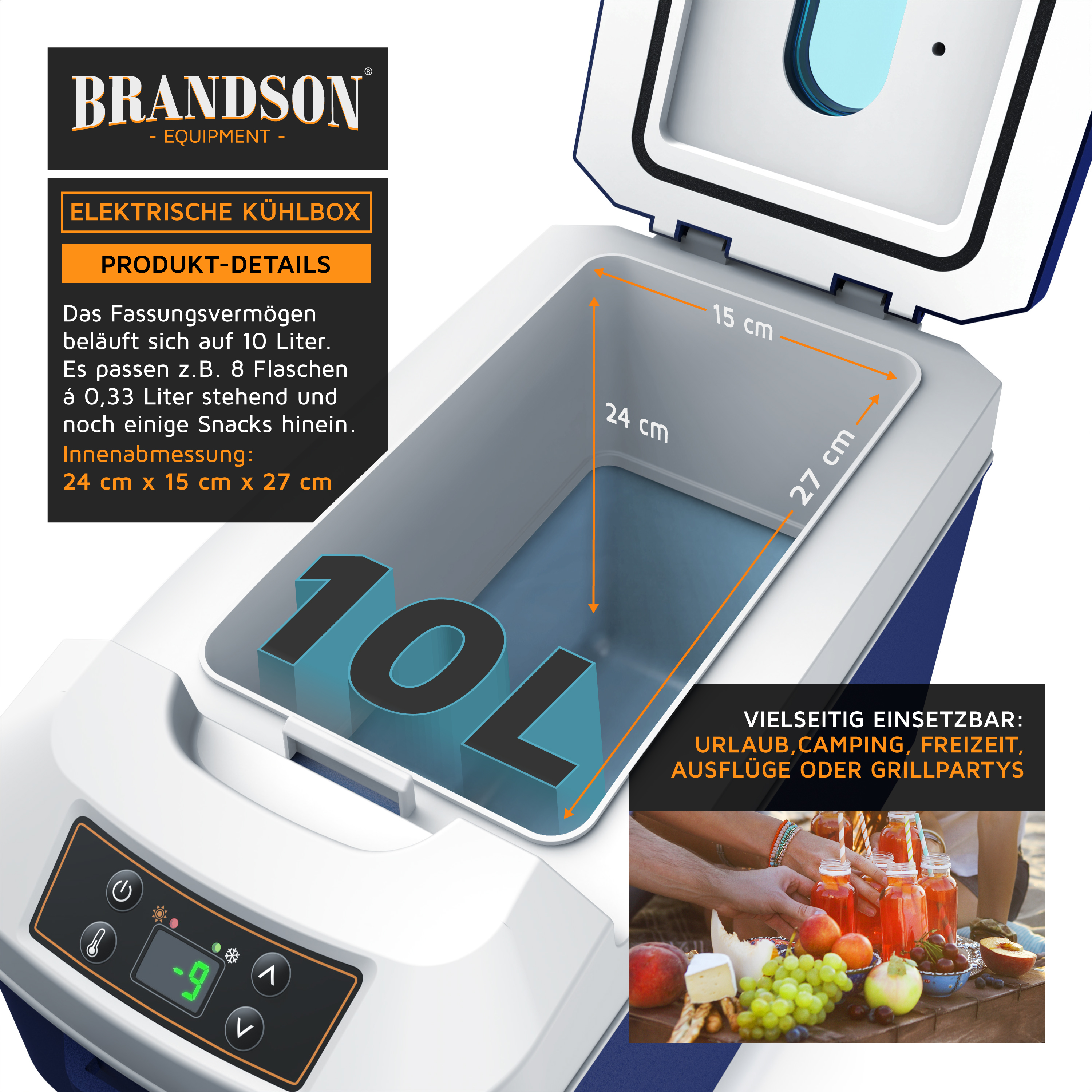 Brandson elektrische Kühlbox mit einem Fassungsvermögen von 10 Litern, abnehmbarem Deckel und digitalem Bedienfeld, ideal für Camping und Ausflüge.