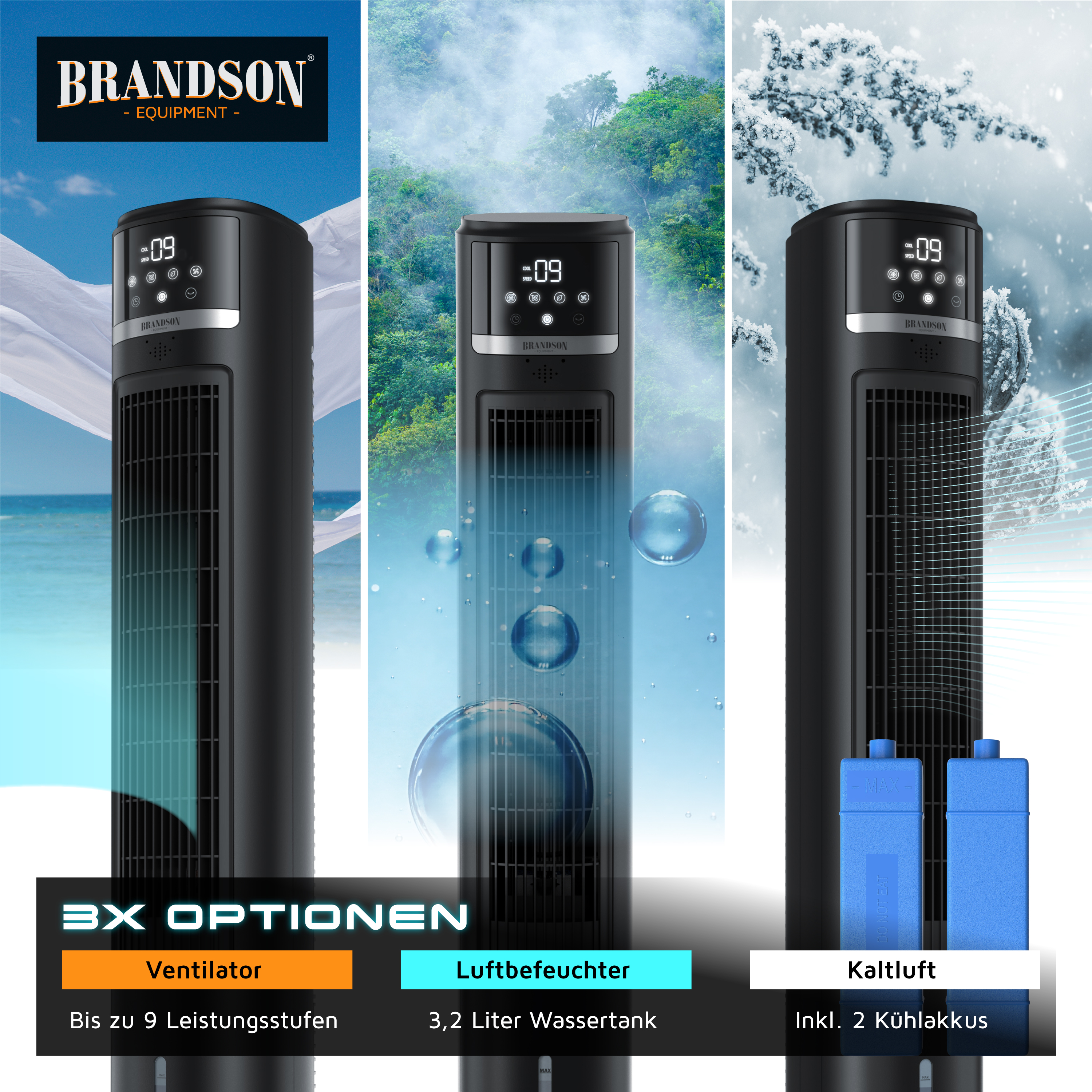 Brandson Turmventilator in Schwarz mit digitalem Display, 9 Leistungsstufen und 3,2 Liter Wassertank für Kühlung und Luftbefeuchtung.