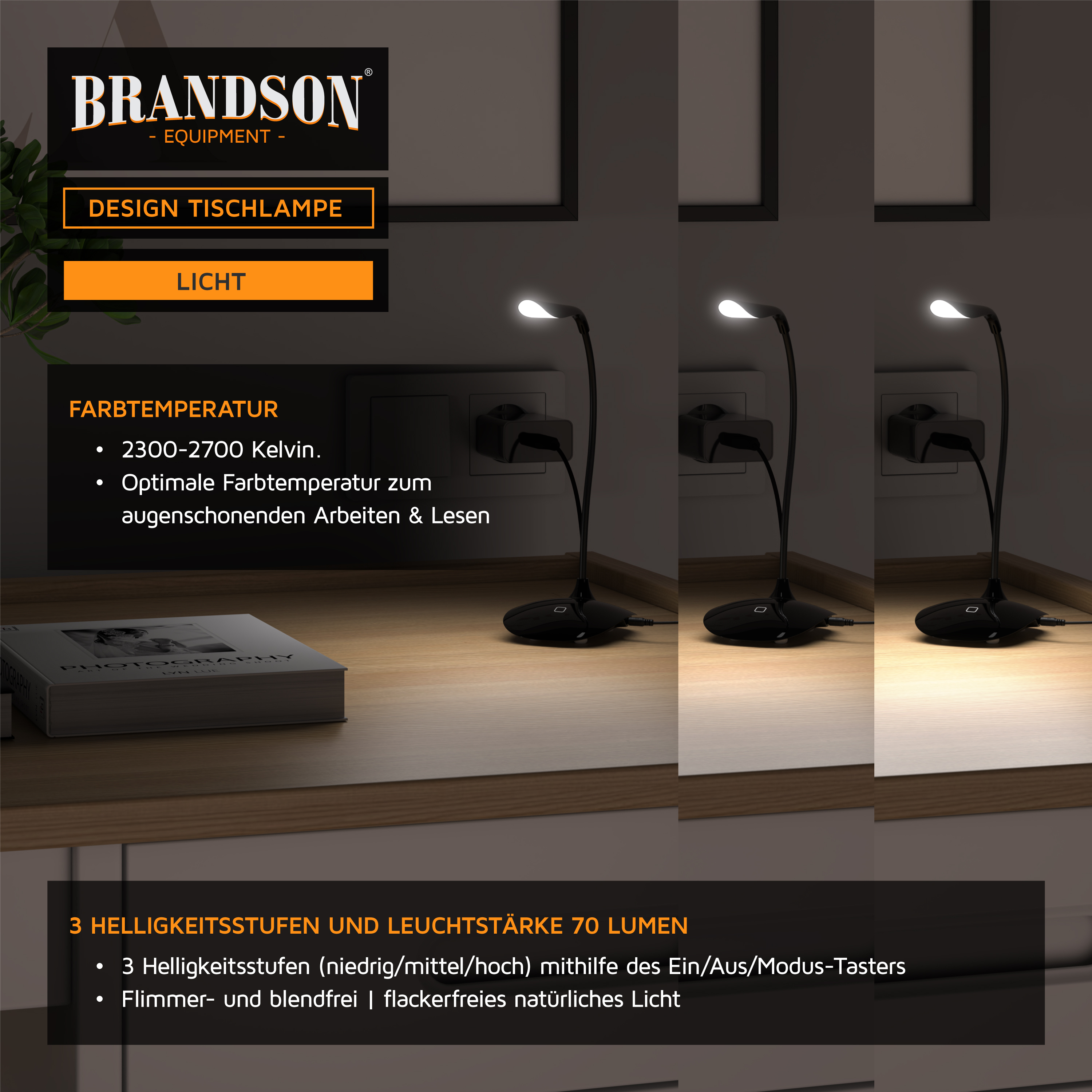 Brandson Tischlampe mit flexiblem Arm, schwarzem Standfuß und drei Helligkeitsstufen für augenschonendes Arbeiten und Lesen.