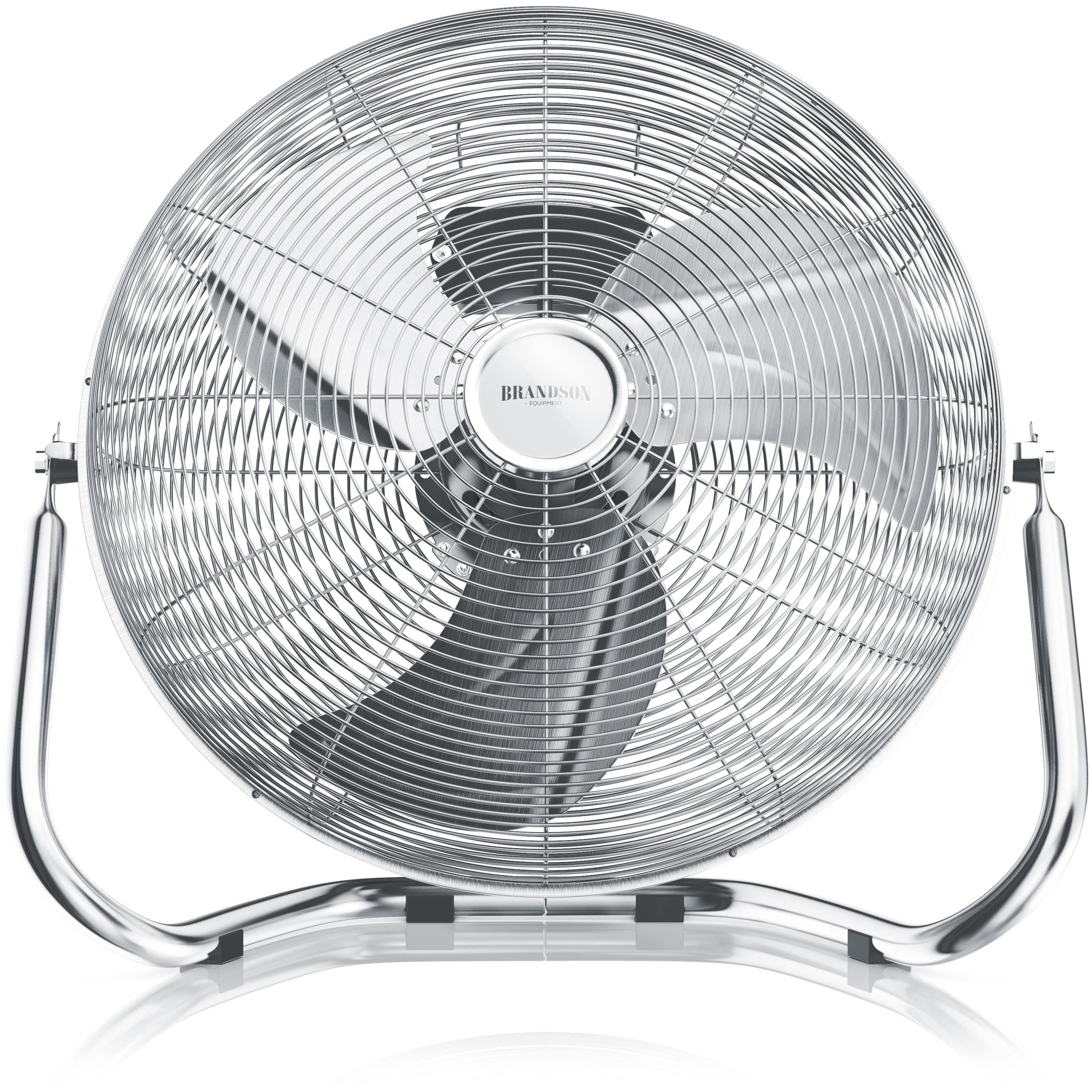 Brandson-Windmaschine mit Metallic-Finish, großem Schutzgitter und stabiler Basis für Stabilität.