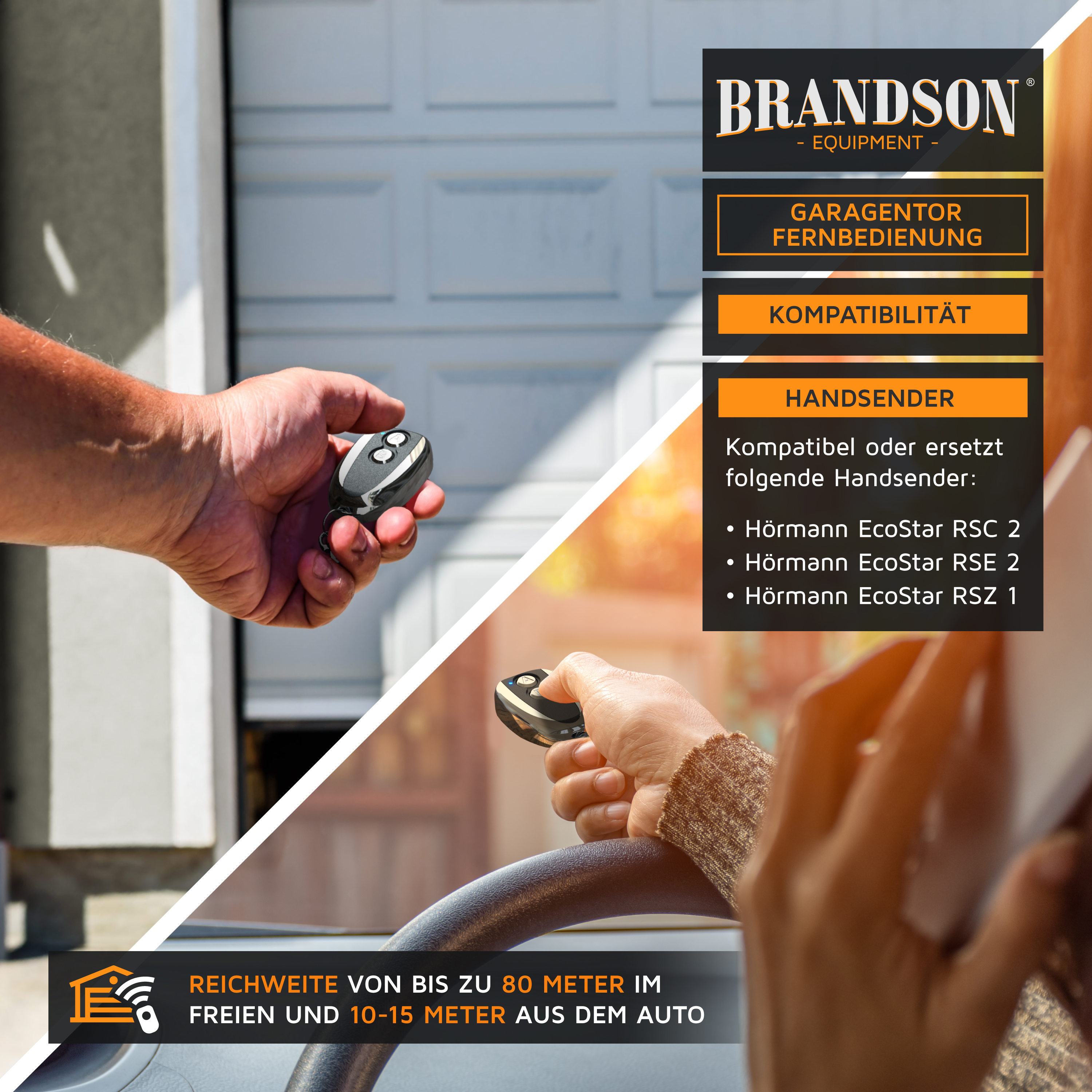 Brandson Garagentor Fernbedienung in der Hand, mit zwei Tasten, geeignet für verschiedene Handsender-Modelle.