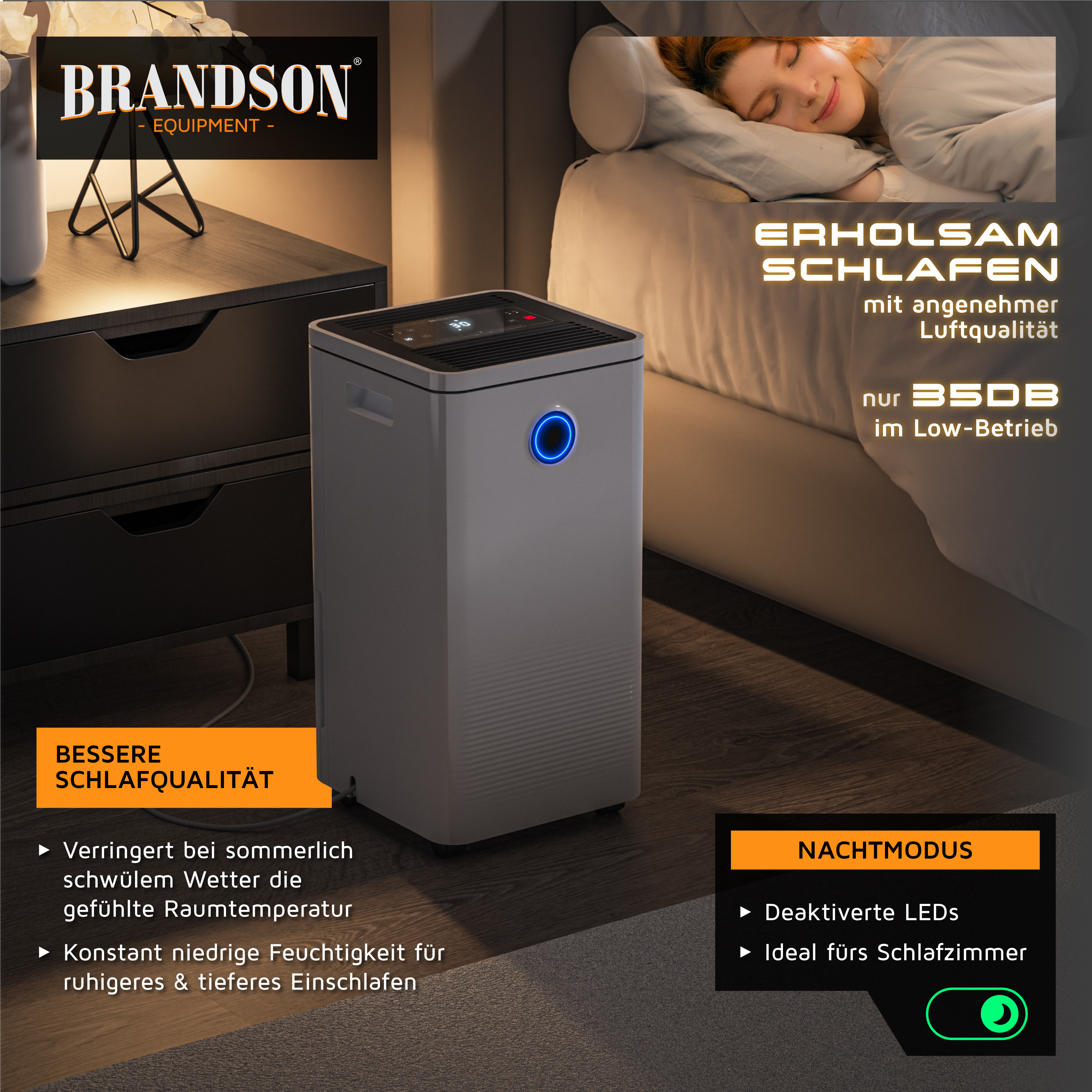 Mobiler Luftkühler von Brandson im Schlafzimmer mit elegantem grauem Design, Touch-Bedienfeld und blauer LED-Anzeige für den Nachtmodus.