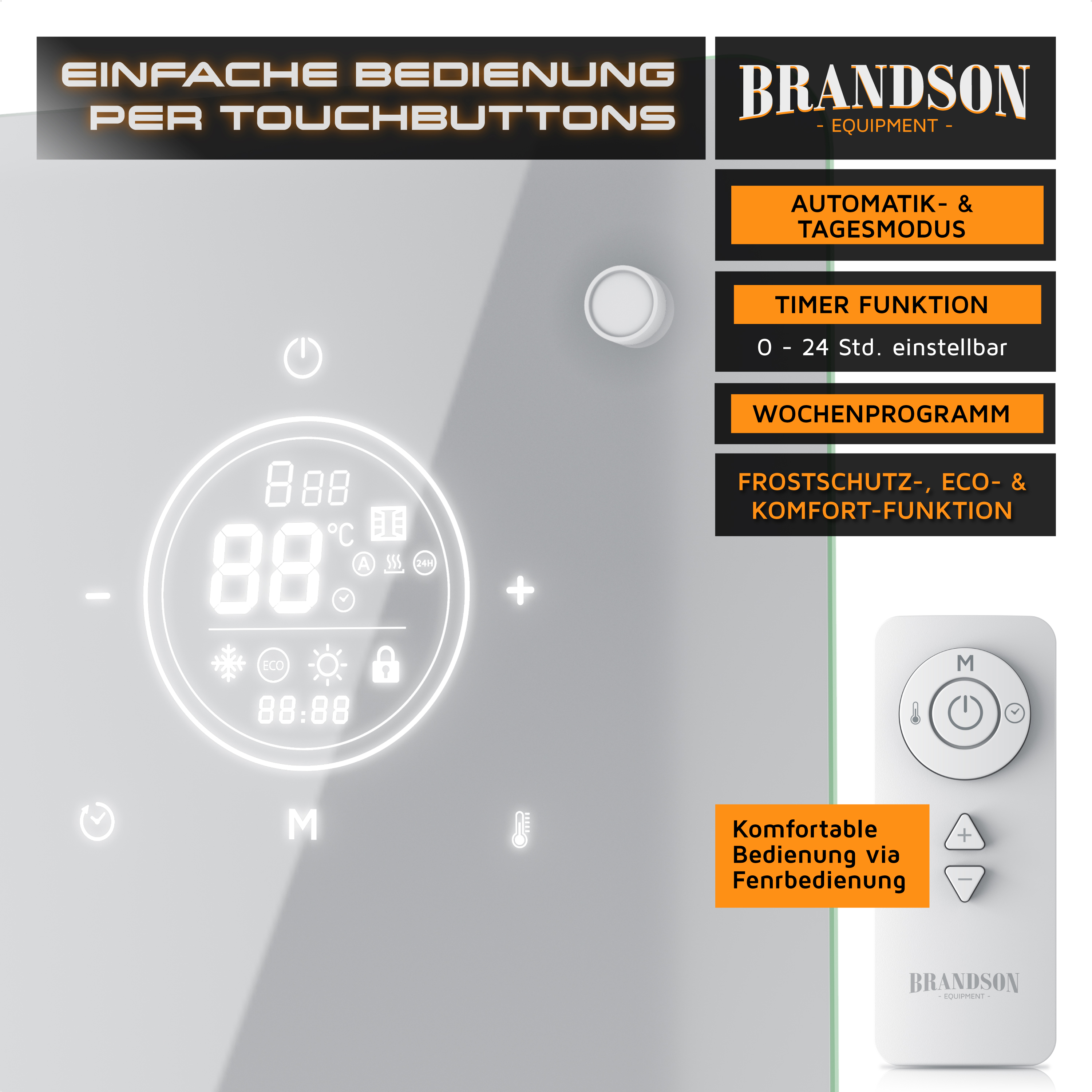 Brandson-Heizungsbedienfeld mit kreisförmigem LED-Display, Touch-Tasten und passender Fernbedienung, die verschiedene Funktionssymbole und Einstellungen anzeigt.