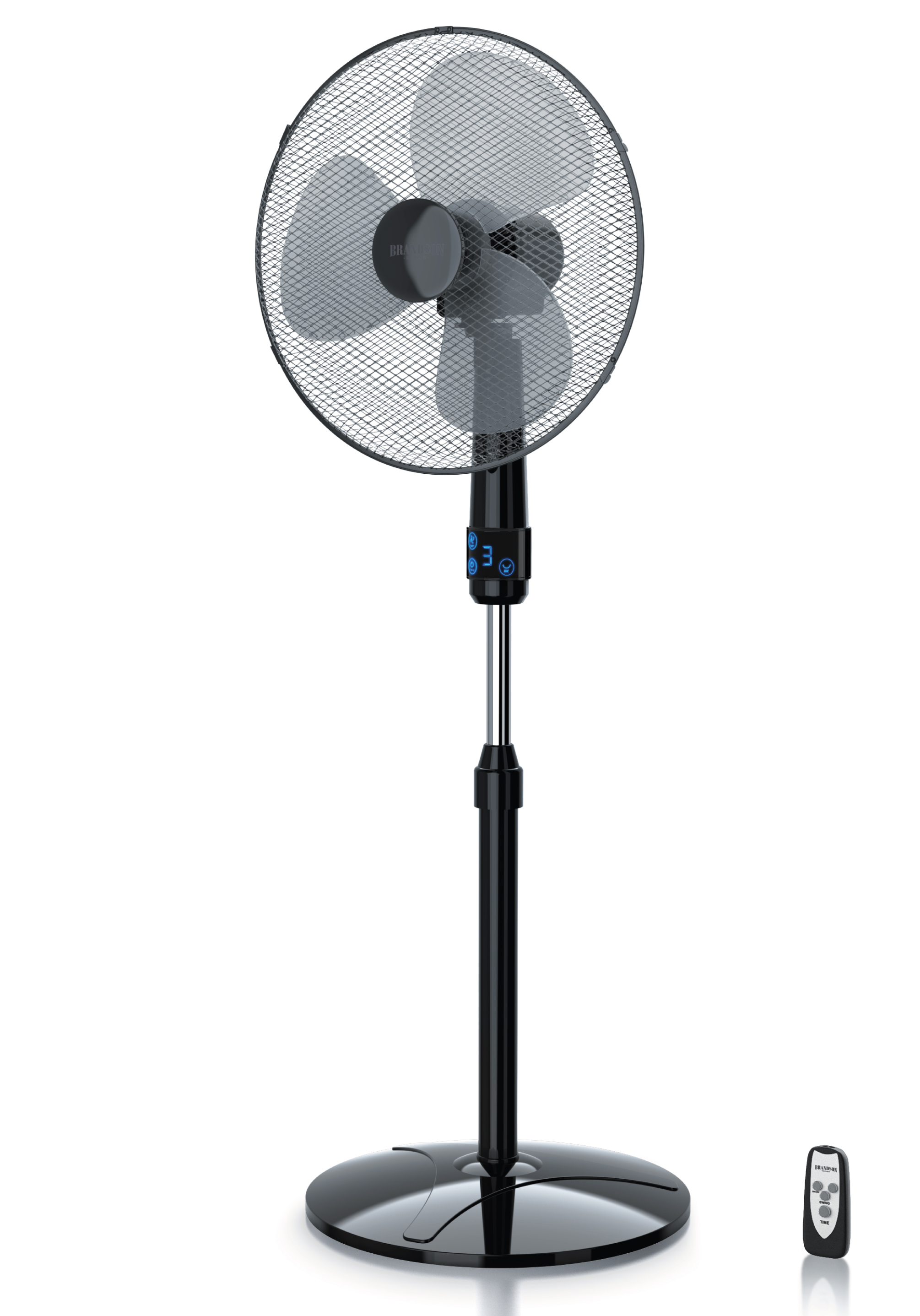 Standventilator von Brandson in Schwarz mit elegantem Design, Netzgitter, Fernbedienung und einstellbarer Höhe für optimale Luftzirkulation.