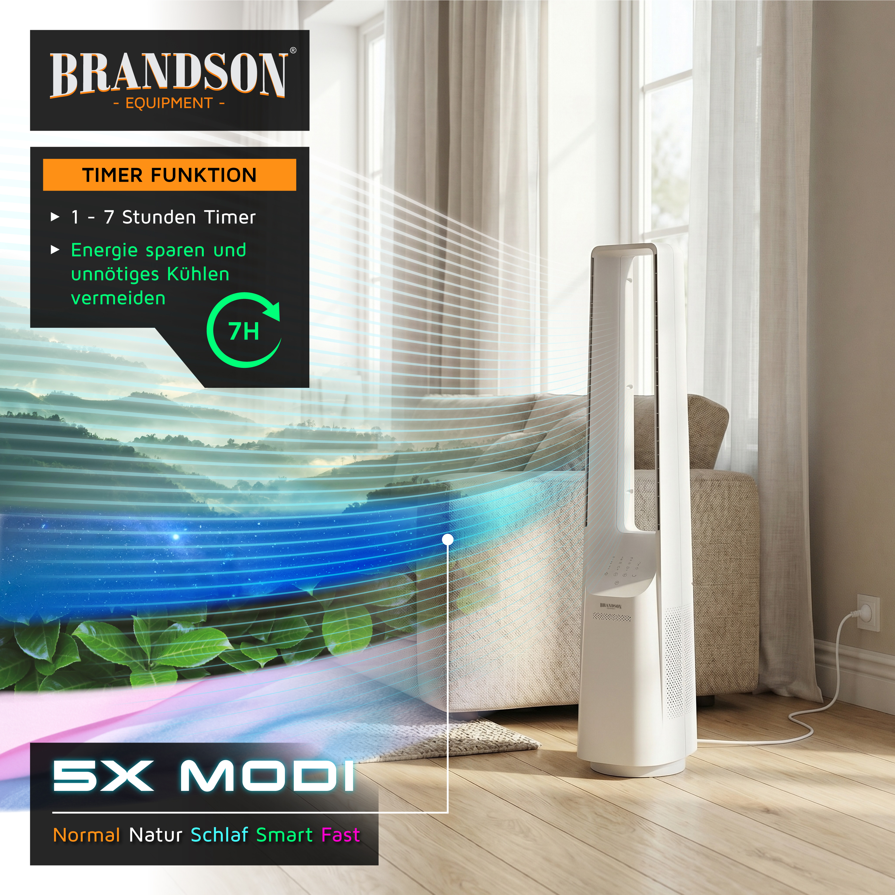 Brandson Turmventilator in Weiß mit elegantem Design, Timerfunktion und mehreren Modi, platziert in einem hellen Wohnzimmer.