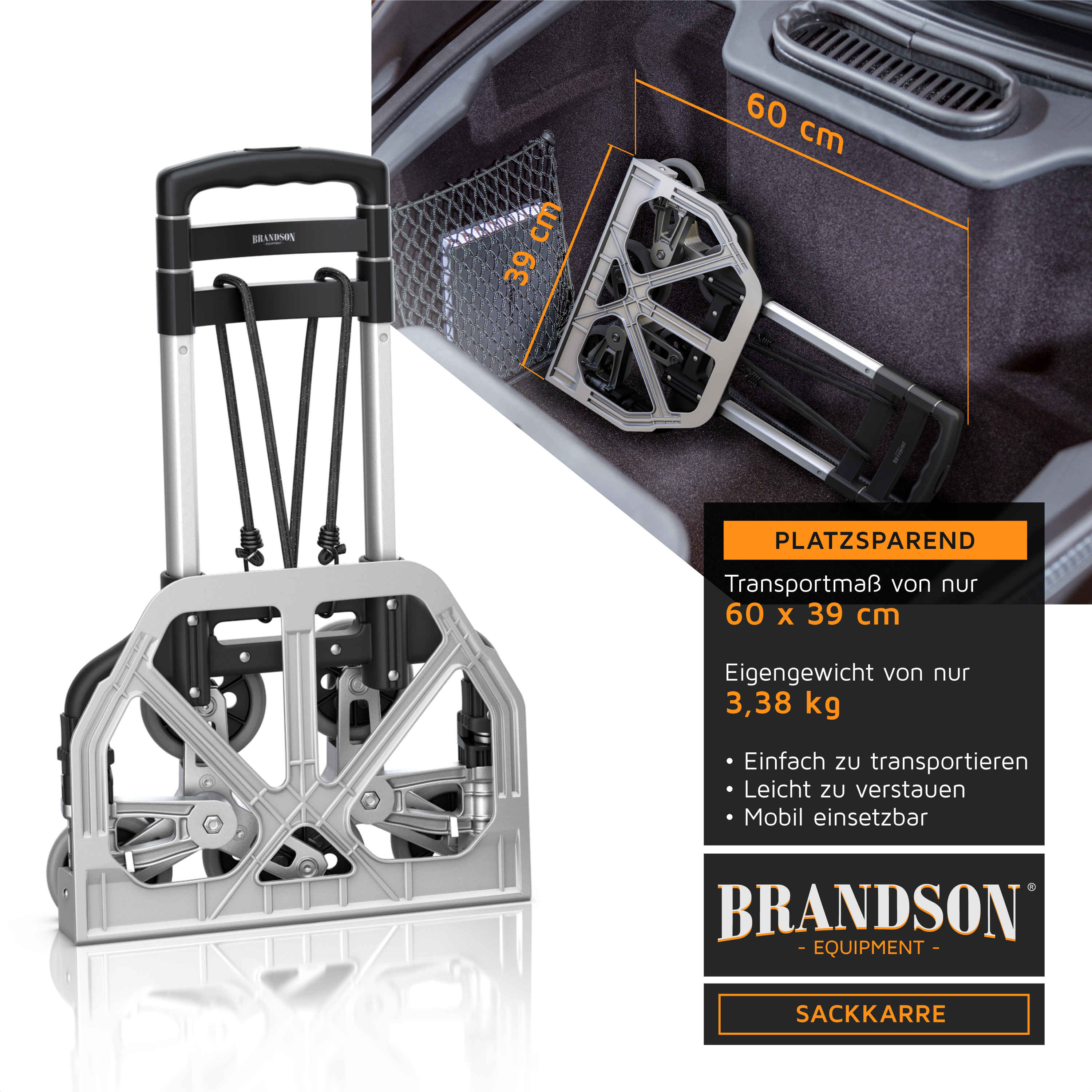 Sackkarren von Brandson mit kompaktem Design, silbernem Rahmen, schwarzem Griff und zusammenklappbarer Struktur für einfachen Transport und Lagerung.