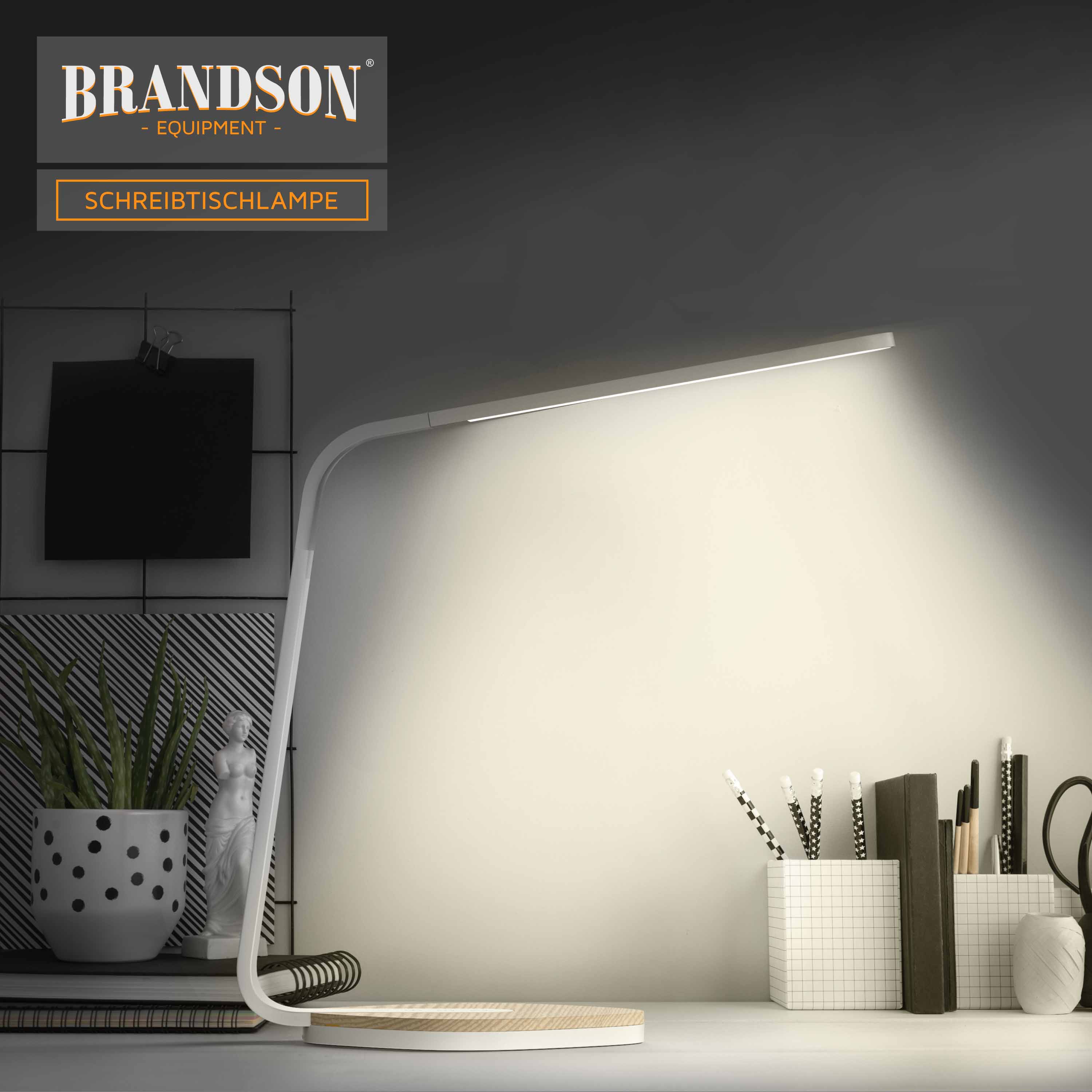Brandson-Schreibtischlampe mit elegantem weißem Design, rundem Holzsockel und modernem Lichtpaneel, ideal für die Arbeitsplatzbeleuchtung.