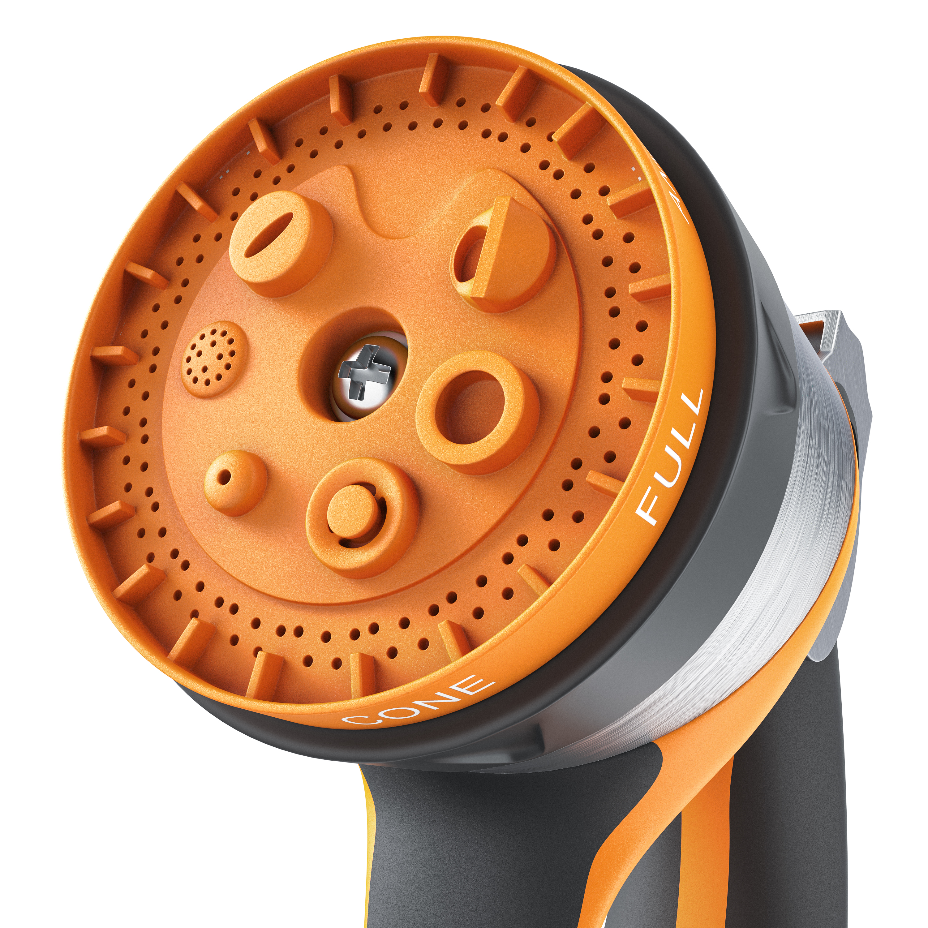 Brandson Aufsatz mit orangefarbener Oberfläche und verschiedenen Öffnungen für unterschiedliche Anwendungen, ergonomischer Griff.