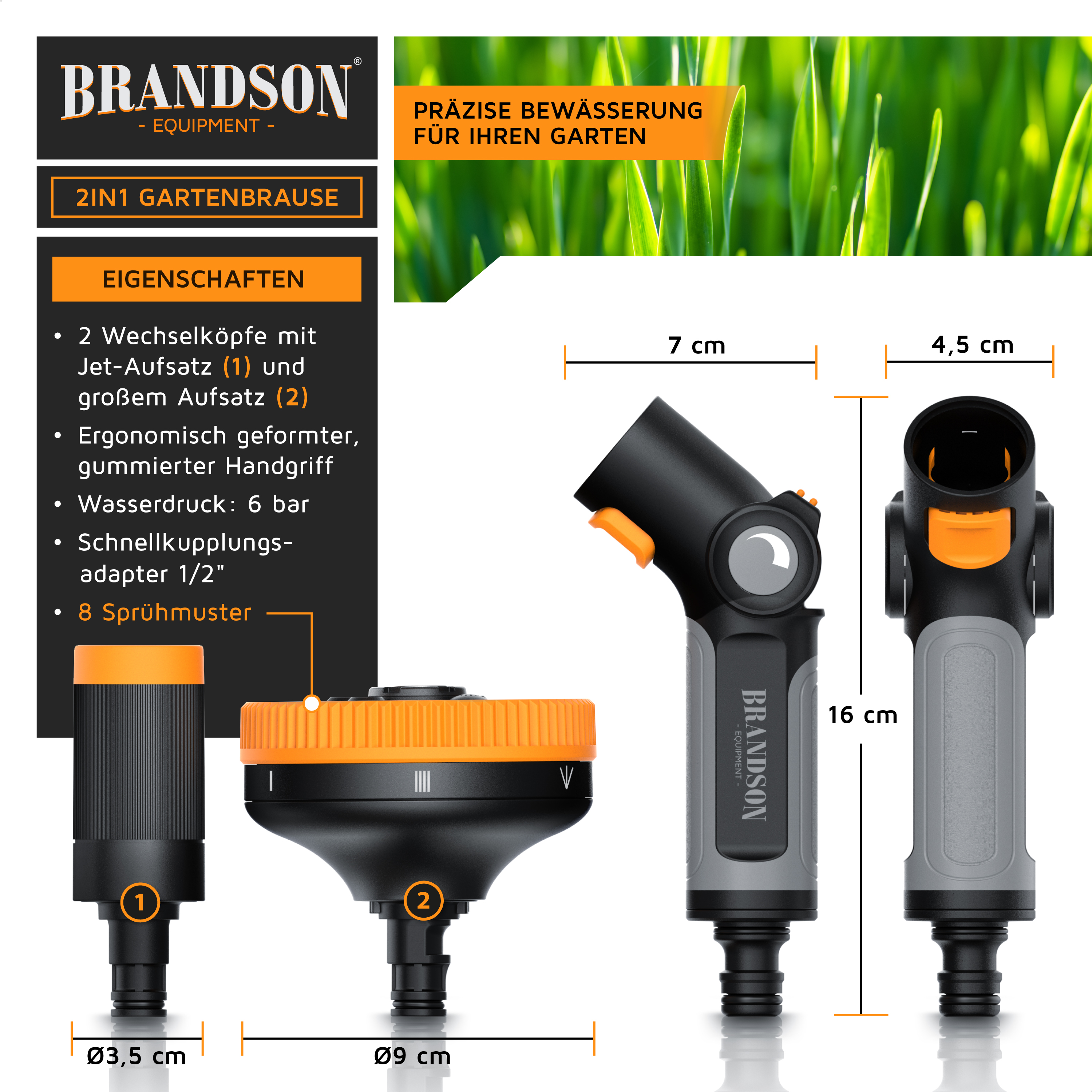Brandson 2-in-1-Gartenspritzpistole mit ergonomischem Griff, zwei austauschbaren Köpfen und einstellbaren Sprühmustern für präzise Bewässerung.