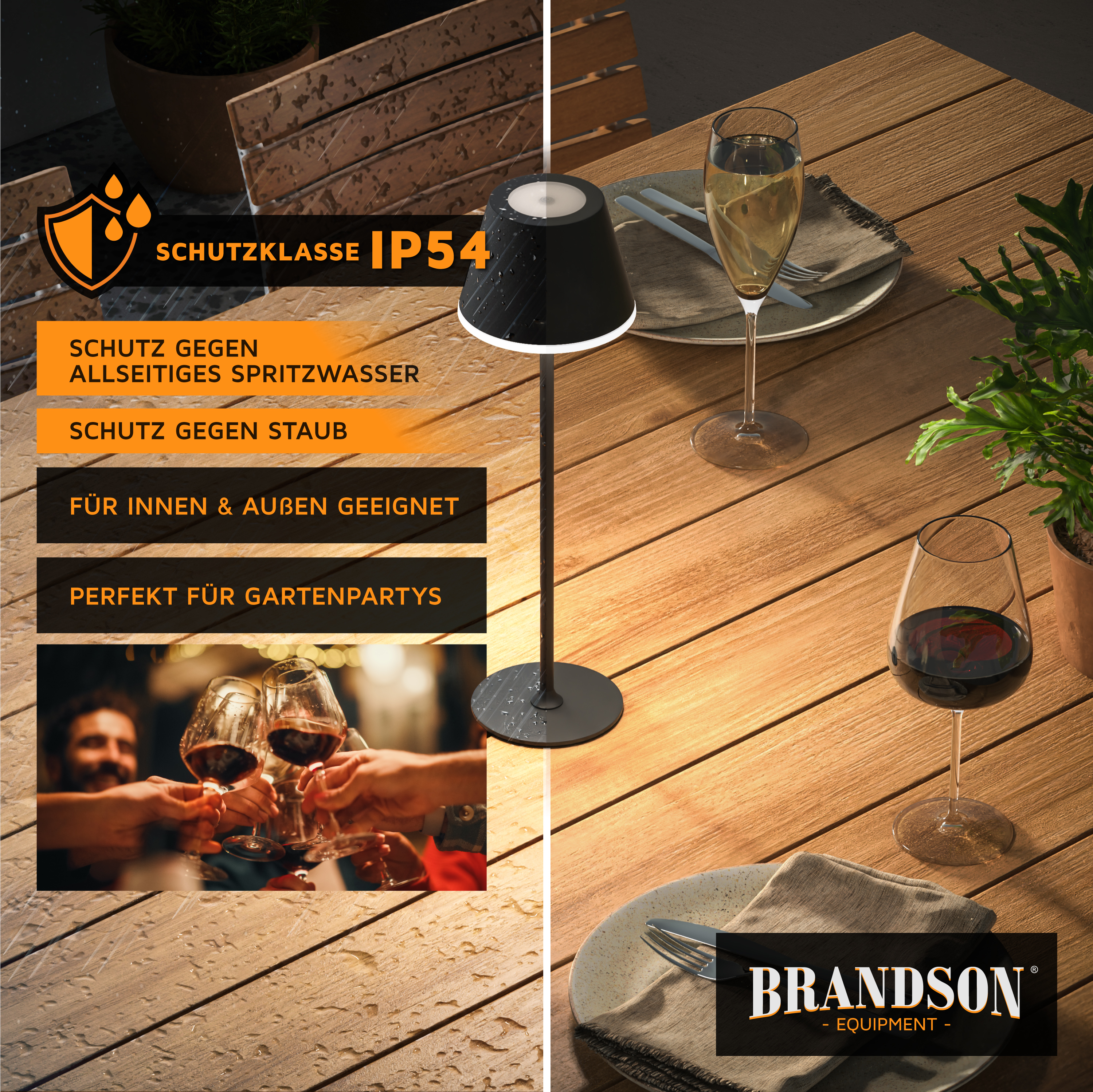 Brandson Tischlampe in Schwarz mit IP54 Schutzklasse, geeignet für Innen- und Außenbereiche, ideal für Gartenpartys.