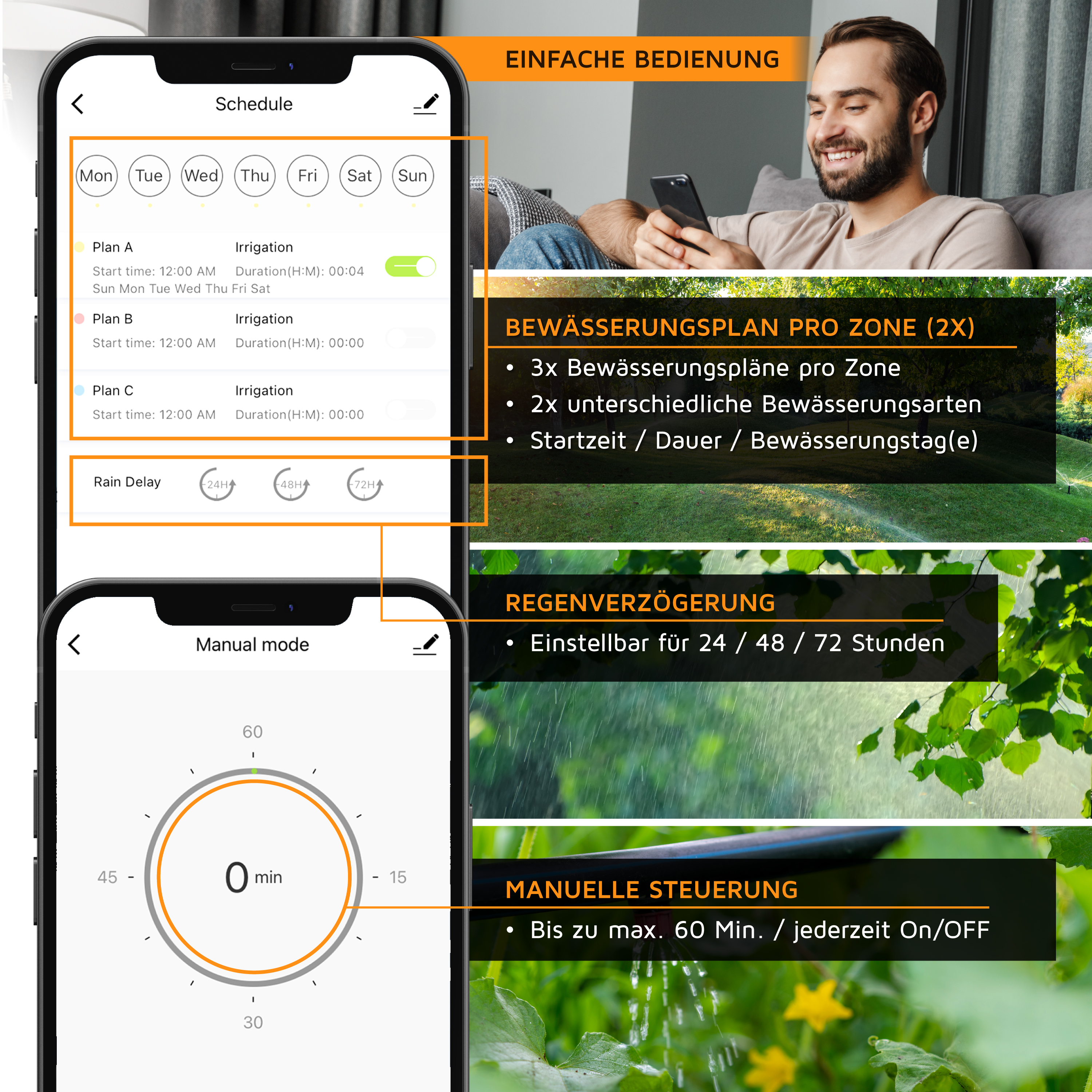 Benutzeroberfläche der Brandson-Bewässerungssteuerungs-App mit Planungsoptionen, manuellem Modus und Regenverzögerungseinstellungen auf einem Smartphone.