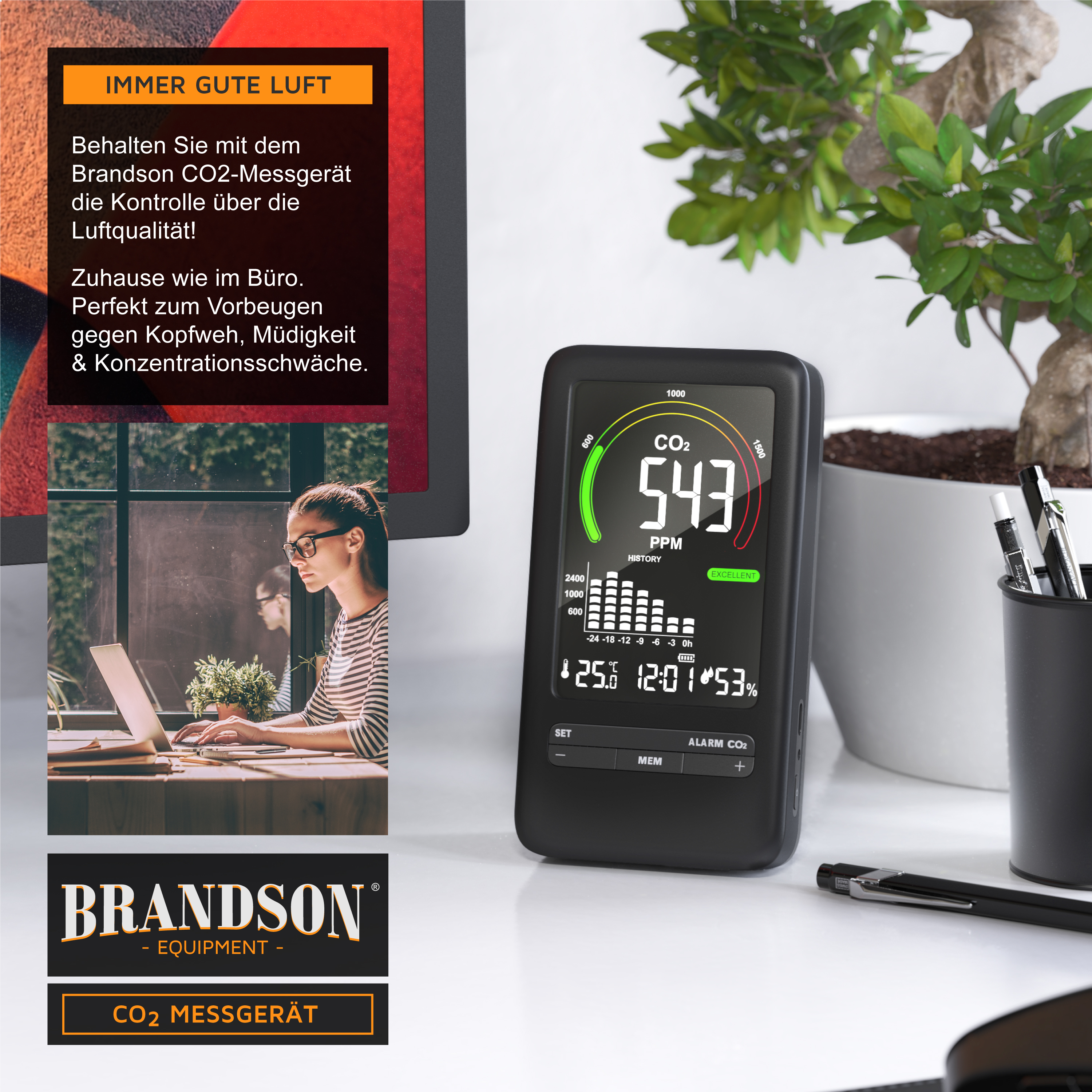 Brandson CO2-Messgerät in Schwarz mit digitalem Display zur Anzeige von CO2-Werten und Temperatur, ideal für Zuhause oder Büro.