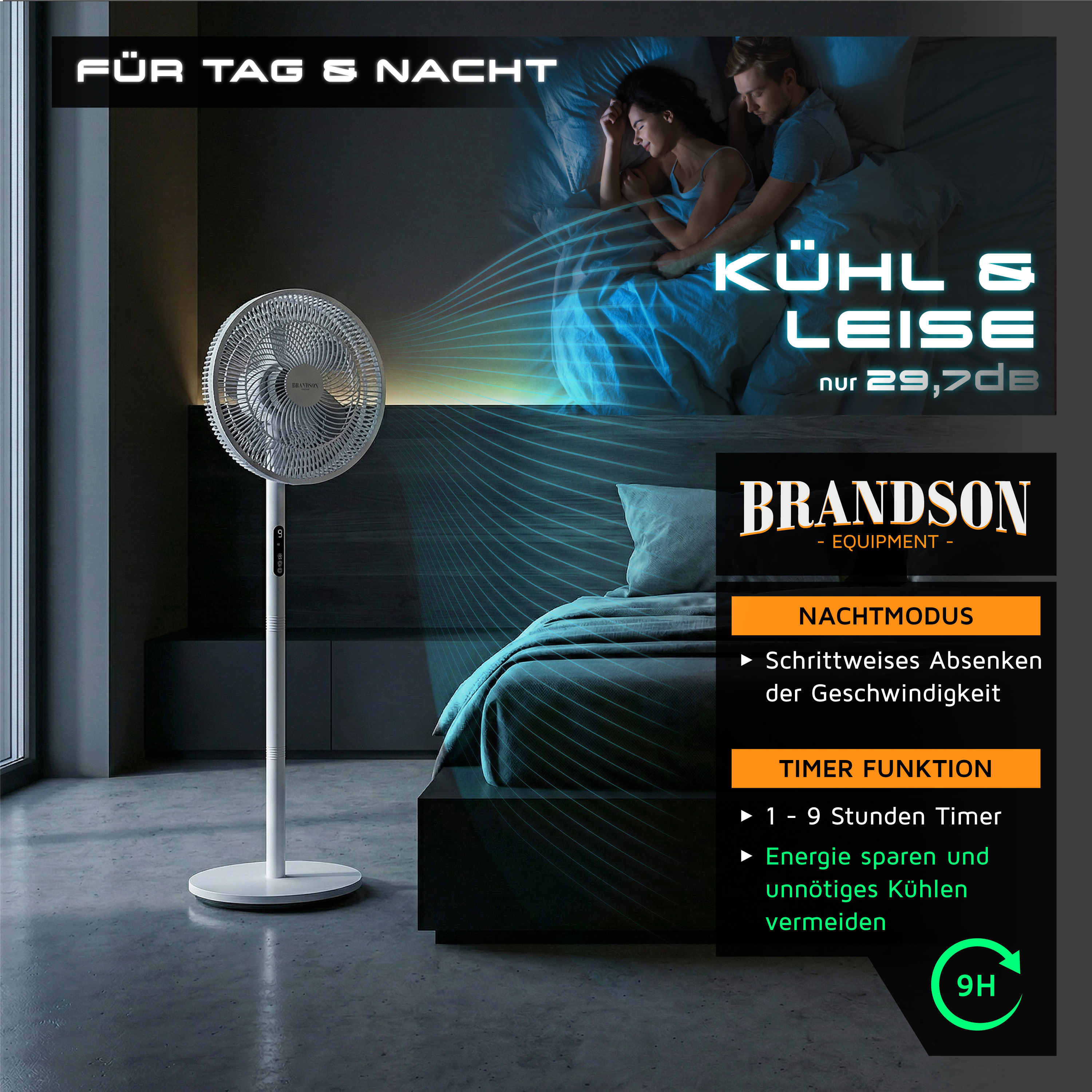 Brandson-Standventilator mit elegantem weißem Design, rundem Gitter, Bedienfeld und stabilem Sockel, positioniert in einem Schlafzimmer.