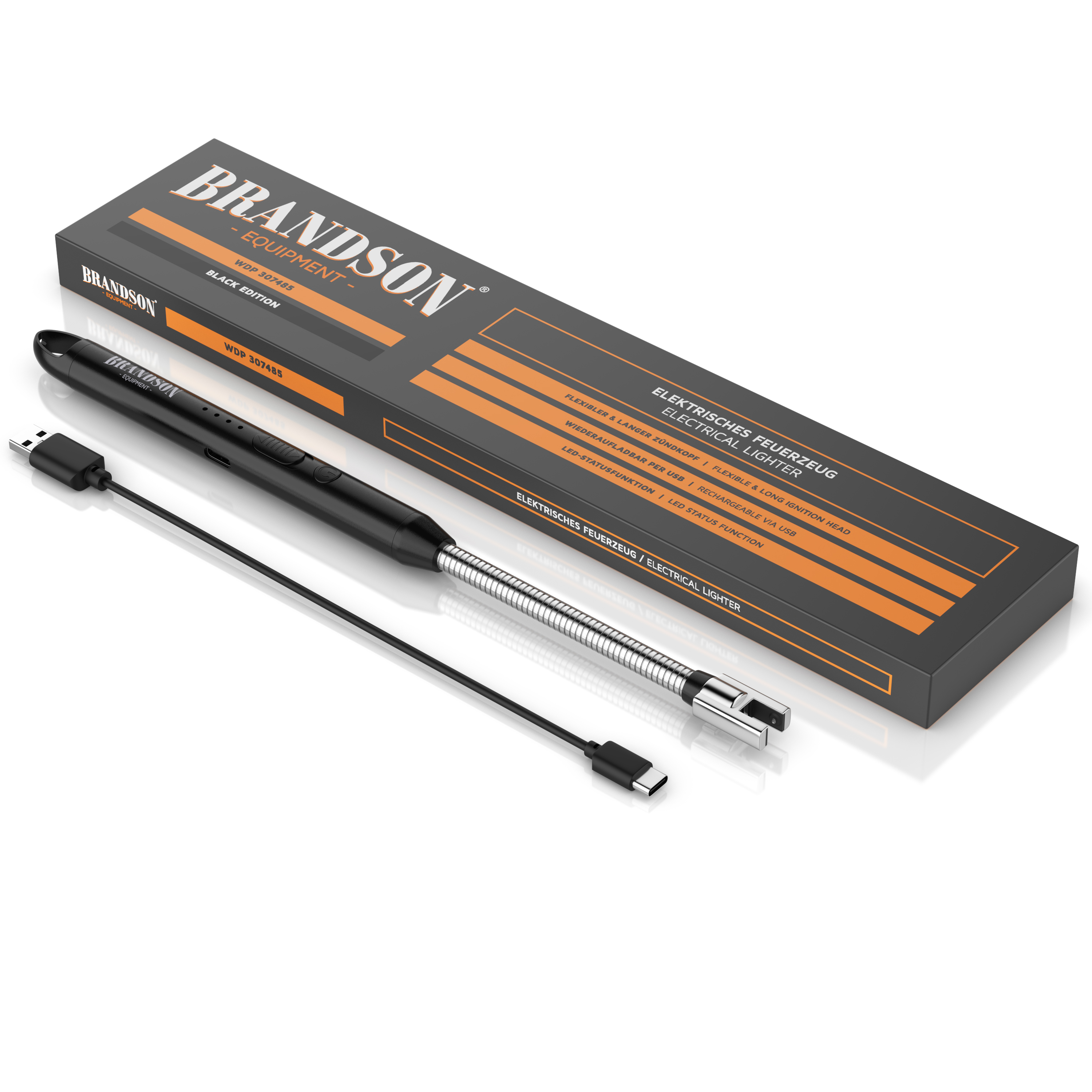 Brandson elektrisches Feuerzeug in Schwarz mit flexiblem Hals, USB-Ladeanschluss und LED-Anzeige, verpackt in einer farbigen Box.
