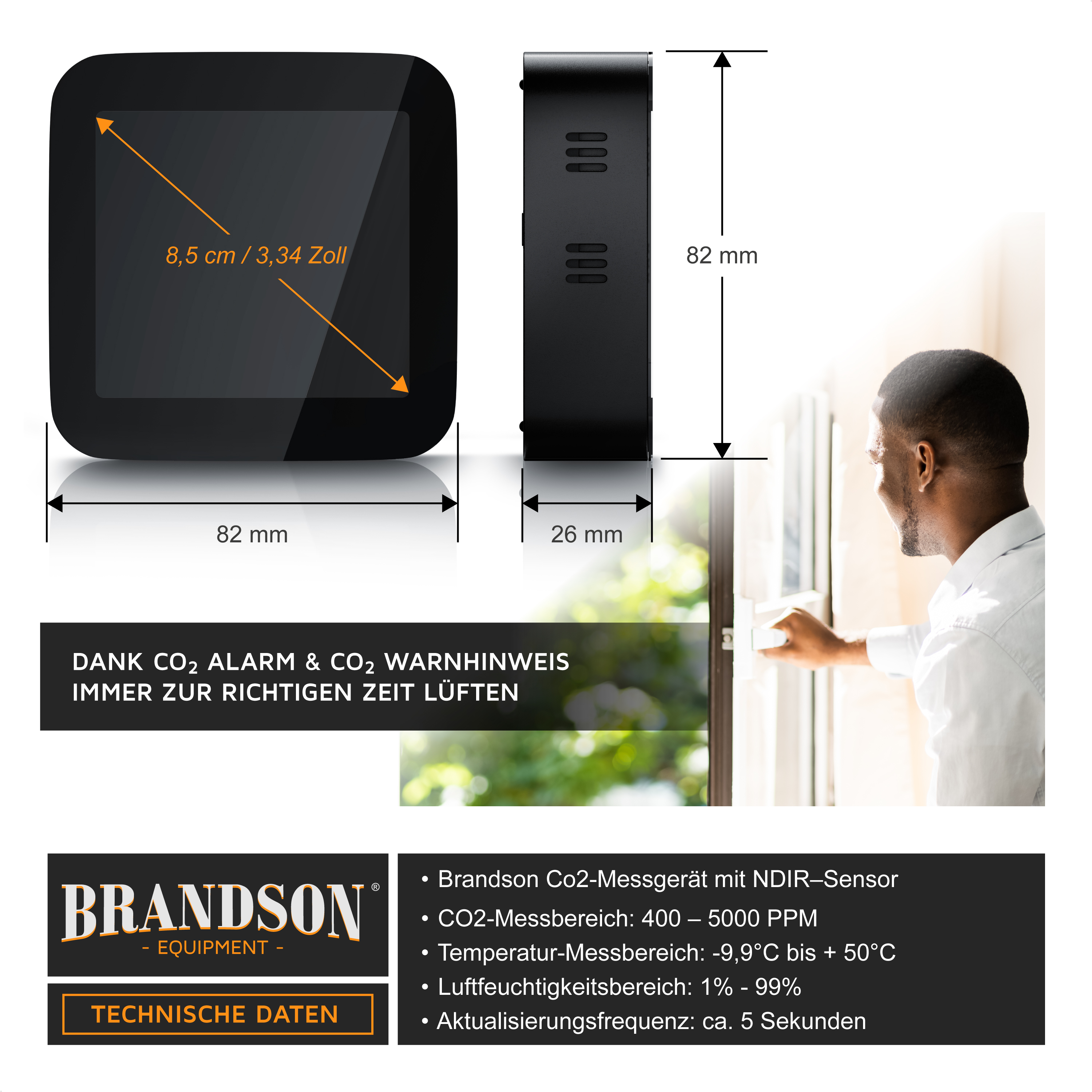 Brandson CO2-Messgerät mit quadratischem Display, schwarzem Gehäuse und seitlichem Bedienfeld zur Luftqualitätsüberwachung.