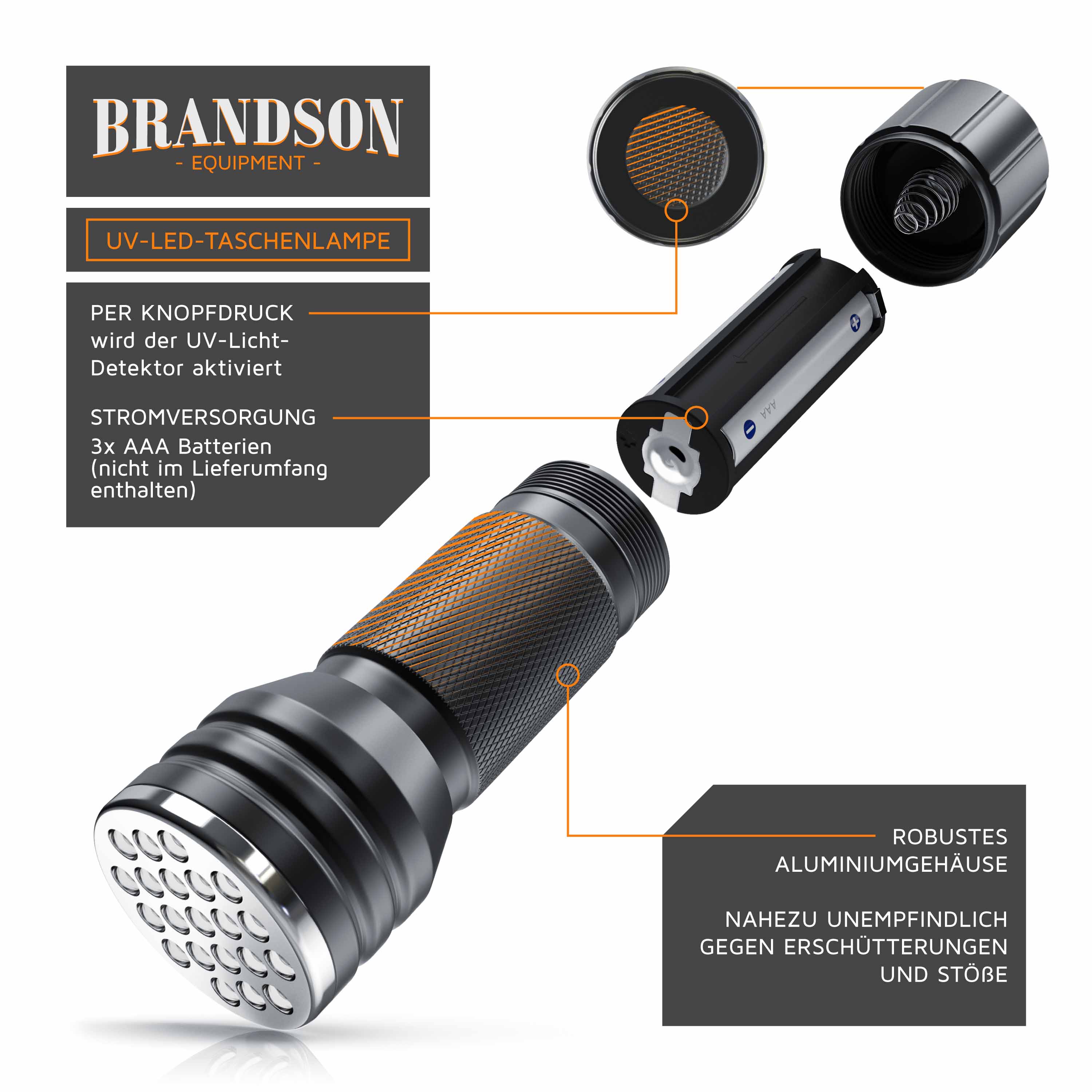 UV-LED-Taschenlampe von Brandson mit robustem Aluminiumgehäuse, strukturiertem Griff und UV-Lichtdetektor, der per Knopfdruck aktiviert wird.