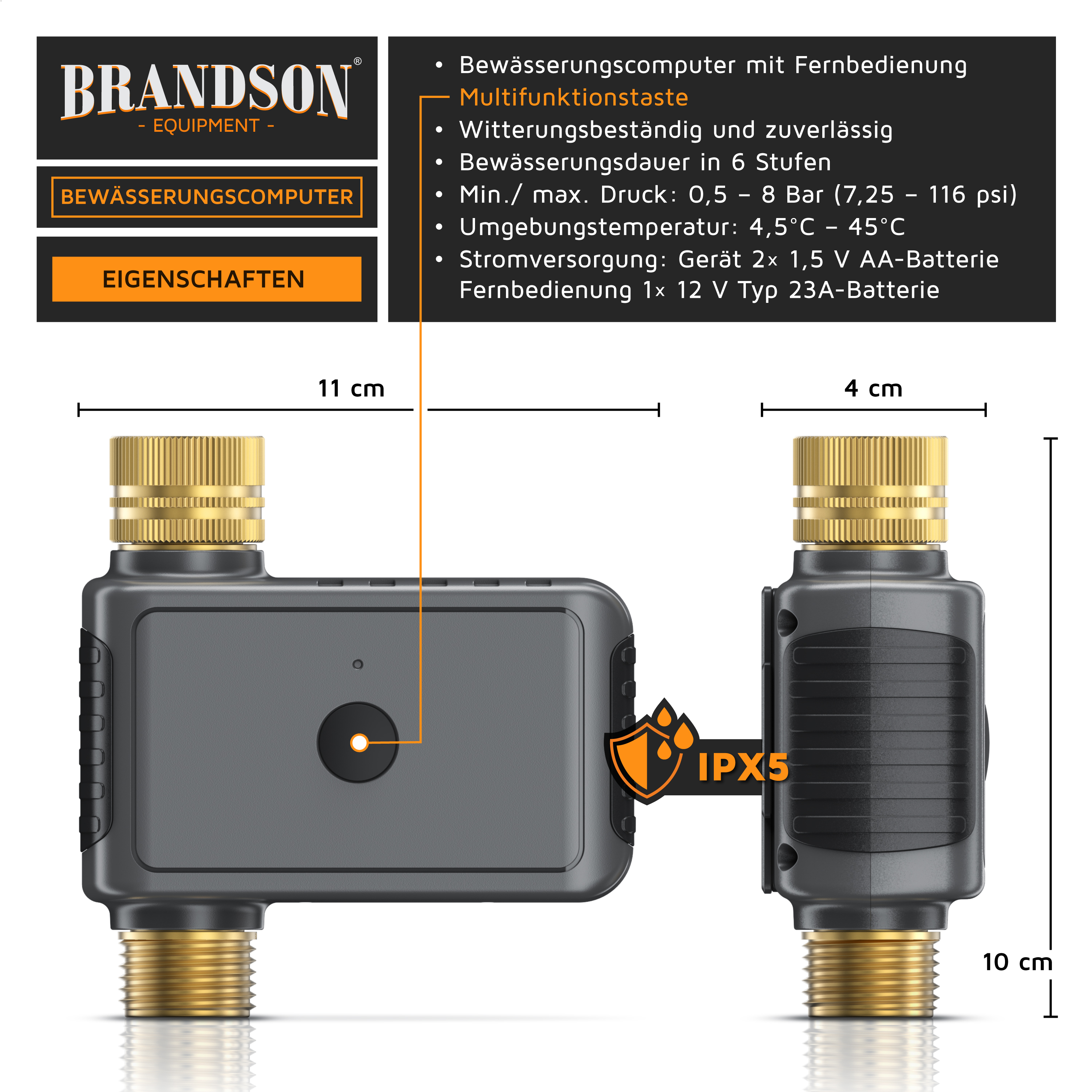 Brandson Bewässerungscomputer mit Fernbedienung, wetterfest, graues Gehäuse, Multifunktionstaste, goldene Anschlüsse, kompakte Bauform.
