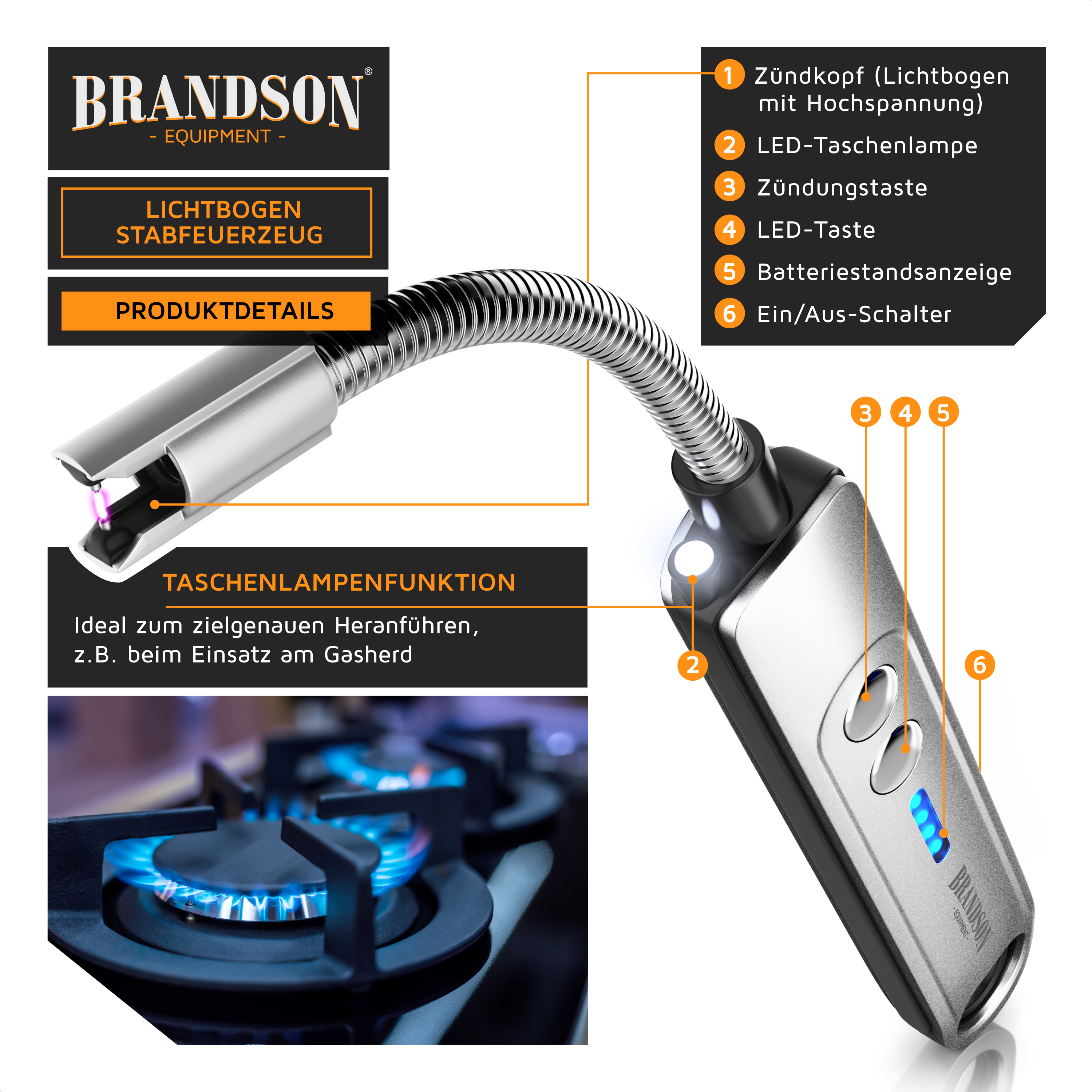 Brandson Lichtbogen-Stabfeuerzeug mit flexiblem Hals, LED-Taschenlampe, Zündungstaste und Batteriestandsanzeige in silberner Farbe.