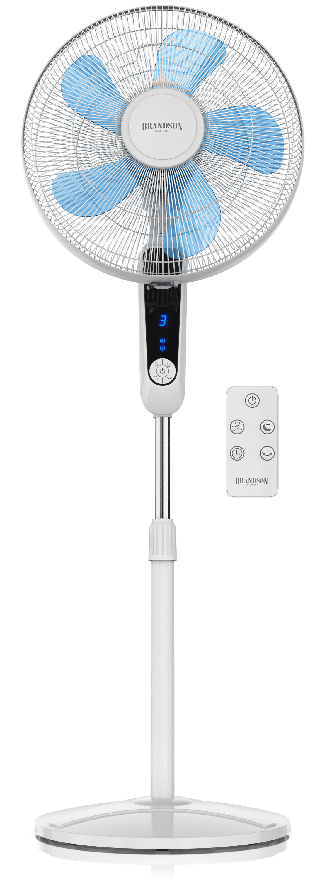 Brandson Standventilator mit blauen Flügeln, schlankem Design, Fernbedienung und Digitalanzeige auf weißem Sockel.