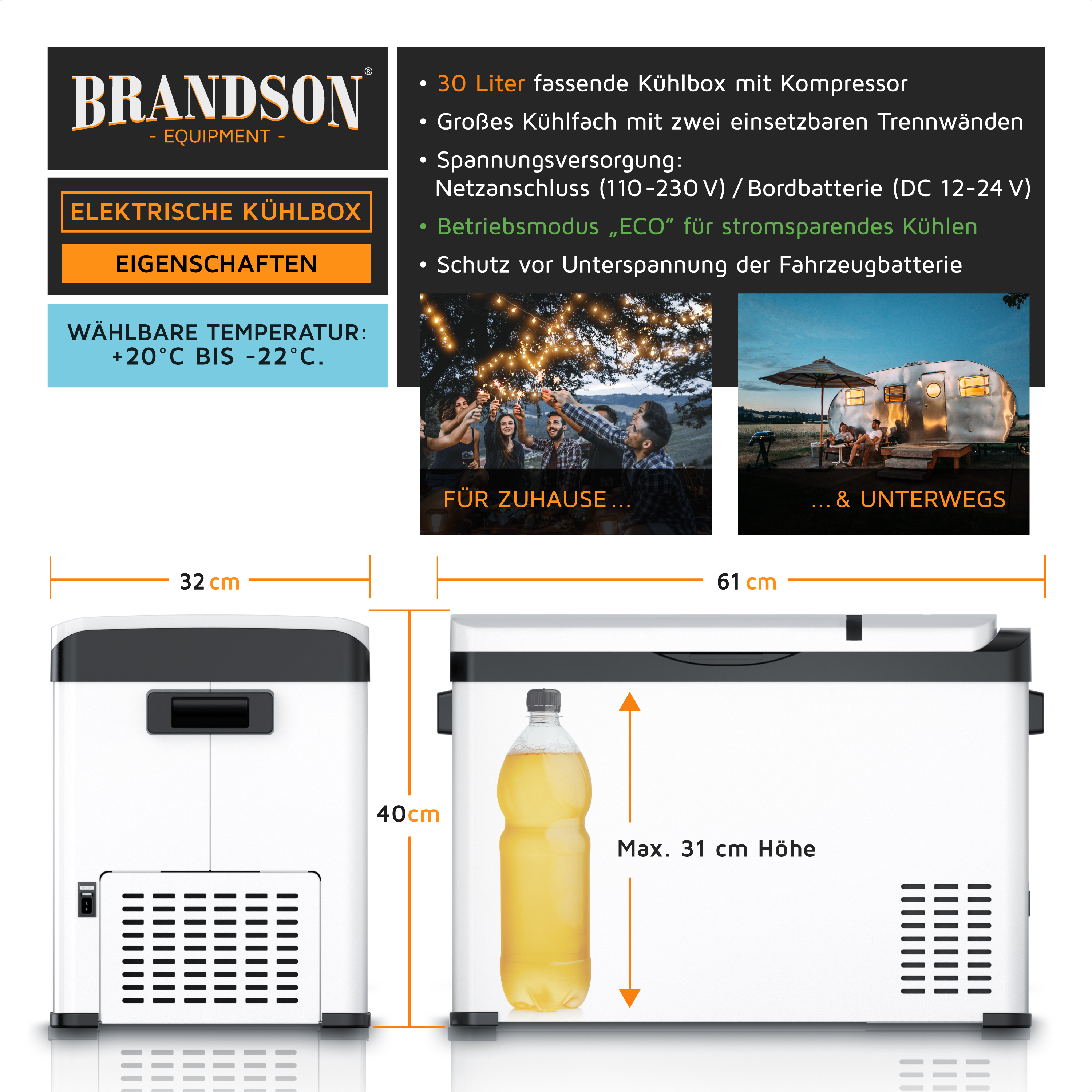 Brandson elektrische Kühlbox mit 30 Litern Fassungsvermögen, schwarzem Deckel und Tragegriff, ideal für Zuhause und unterwegs.