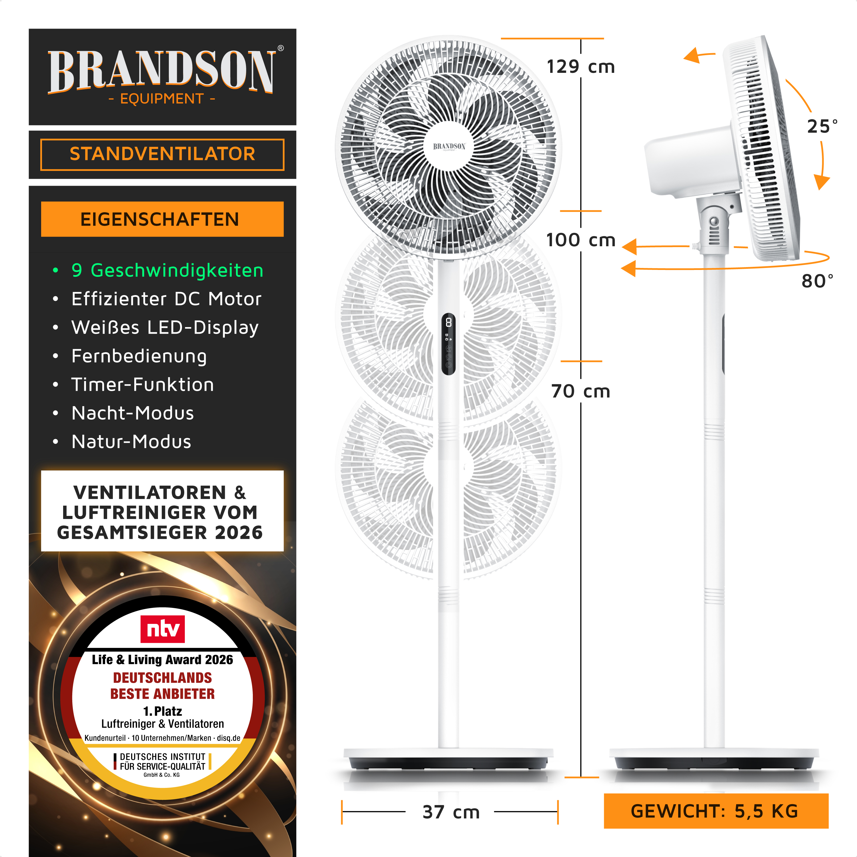 Brandson Standventilator mit weißem LED-Display, Fernbedienung und effizientem DC-Motor, höhenverstellbar und schwenkbar.