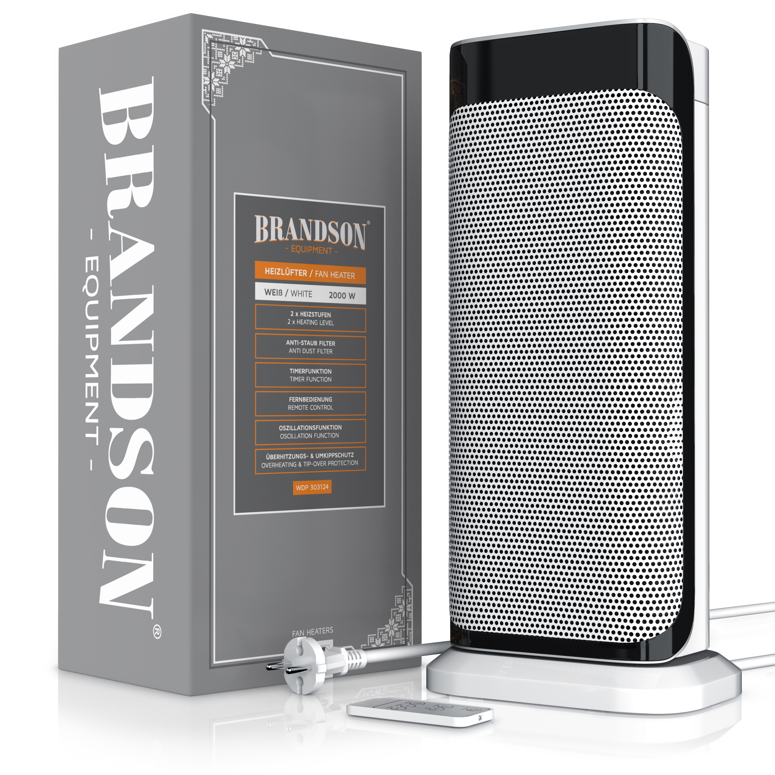 Brandson-Heizlüfter in Weiß mit elegantem Design, mit Bedienfeld und Fernbedienung, verpackt in einer Markenbox.