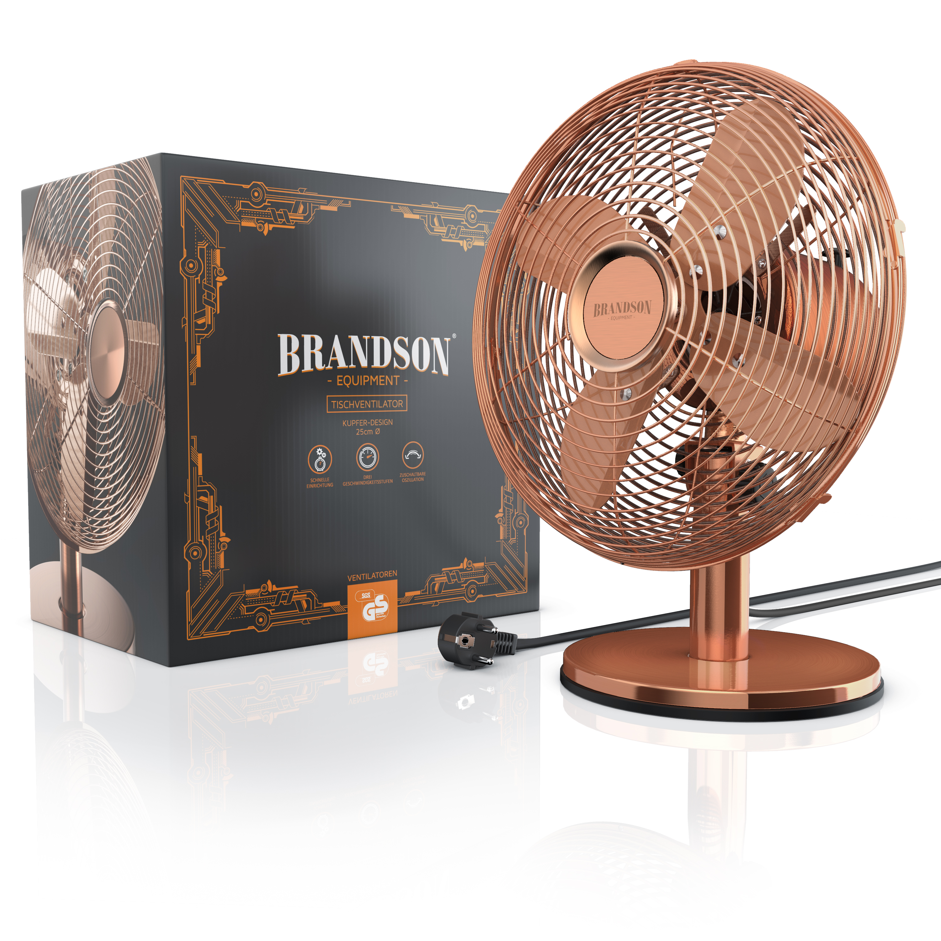 Brandson Tischventilator im Kupfer-Design mit stabiler Basis, sichtbarem Bedienfeld und Verpackung im Hintergrund.