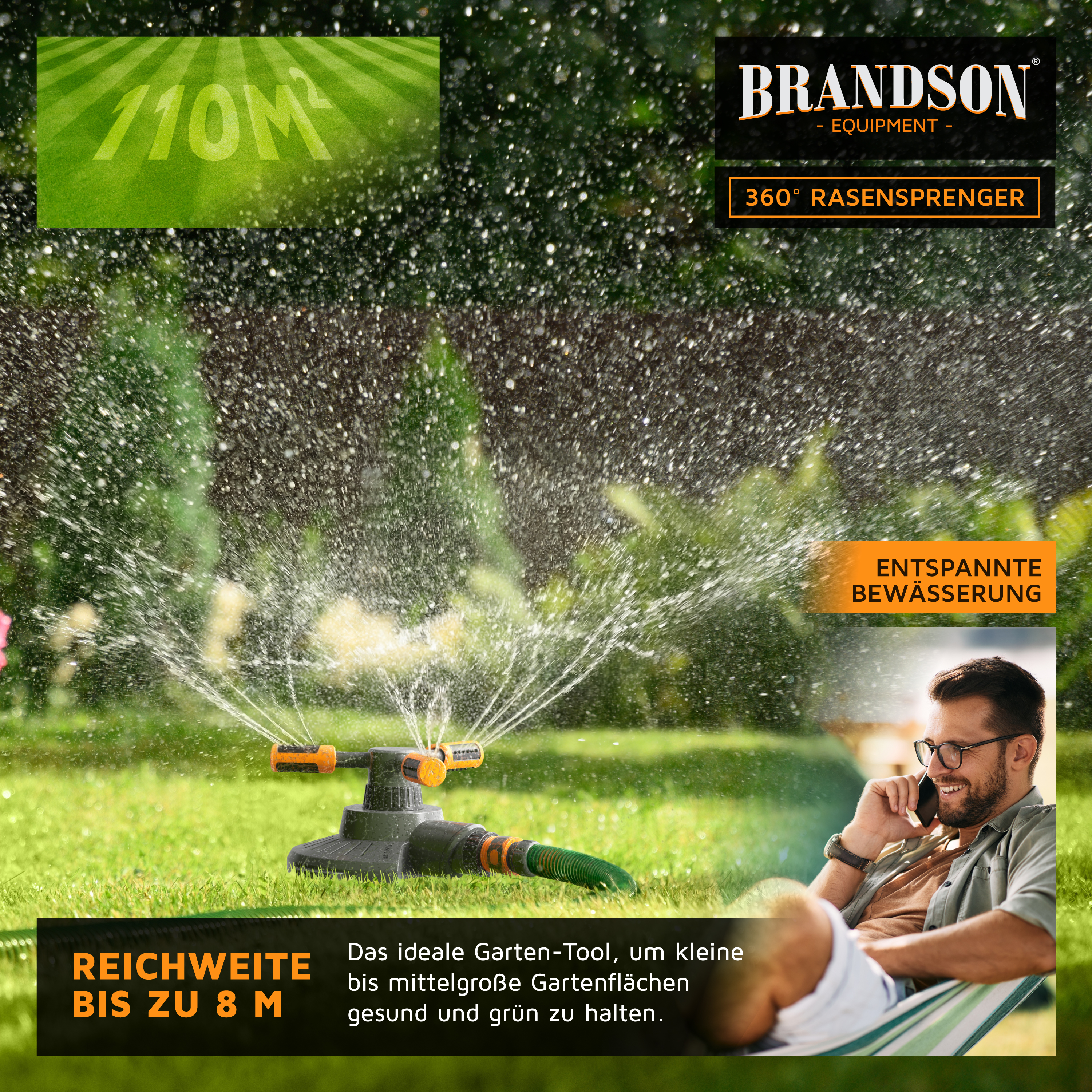 Brandson 360° Rasensprenger mit einer Reichweite von bis zu 8 m, ideal für die Bewässerung kleiner bis mittlerer Gartenflächen.