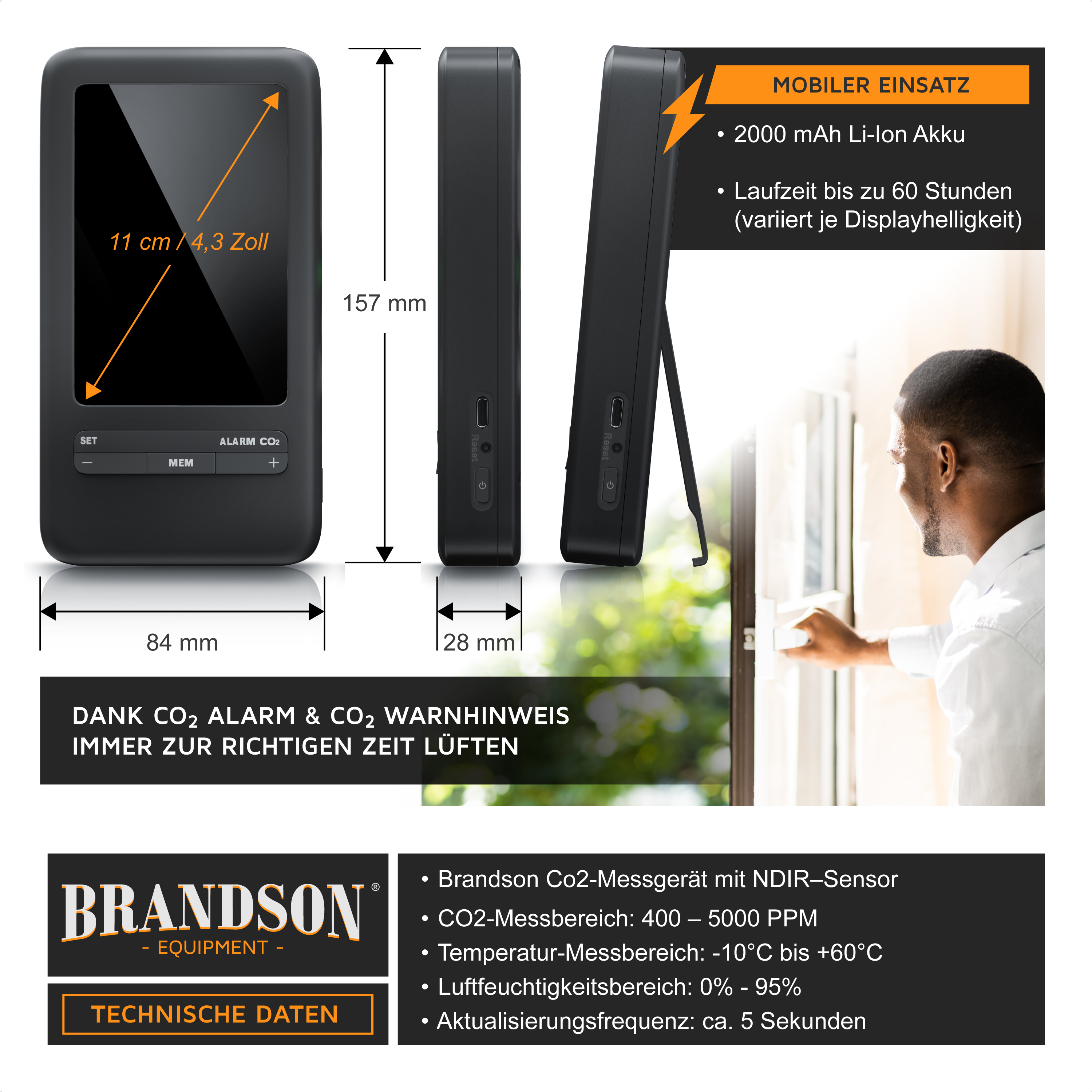 Brandson CO2-Messgerät in Schwarz mit Display, Tasten und klappbarem Standfuß, ideal für den mobilen Einsatz.