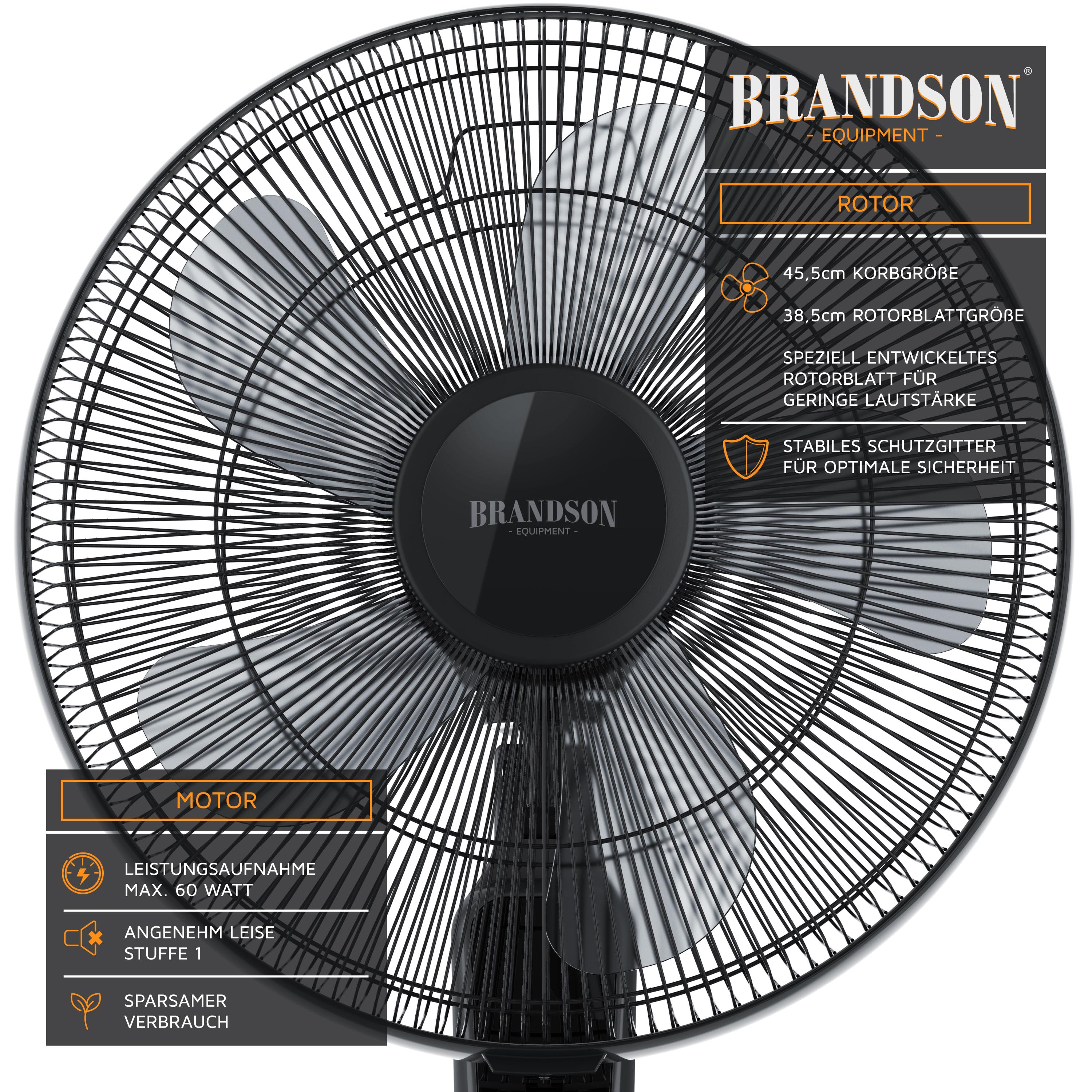 Brandson Standventilator mit schwarzem Korb, stabiler Bauweise und einem leisen Motor für angenehme Kühlung.