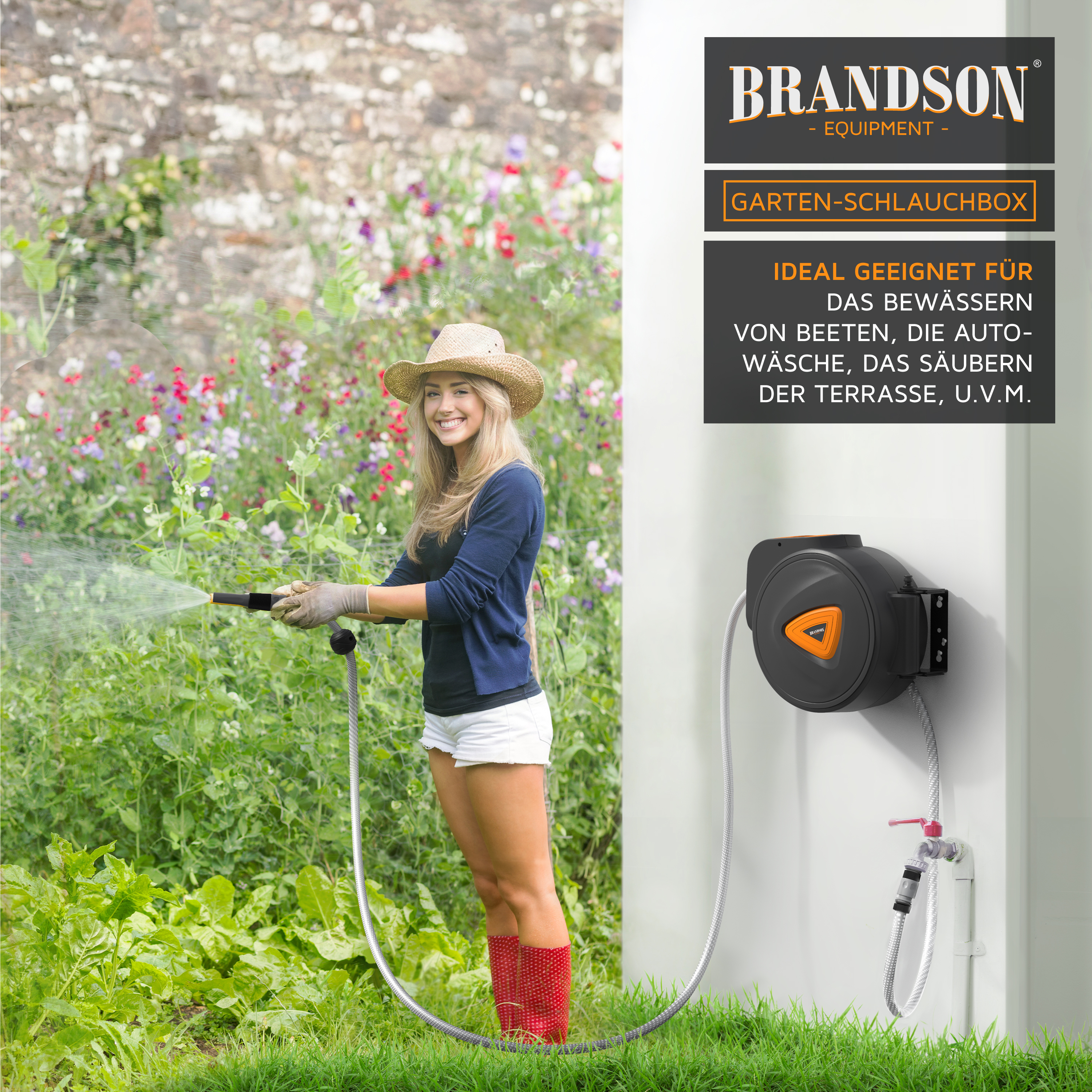 Brandson Gartenschlauchbox mit grauem Gehäuse, Wandmontage und flexibler Schlauchführung, ideal für Gartenbewässerung.
