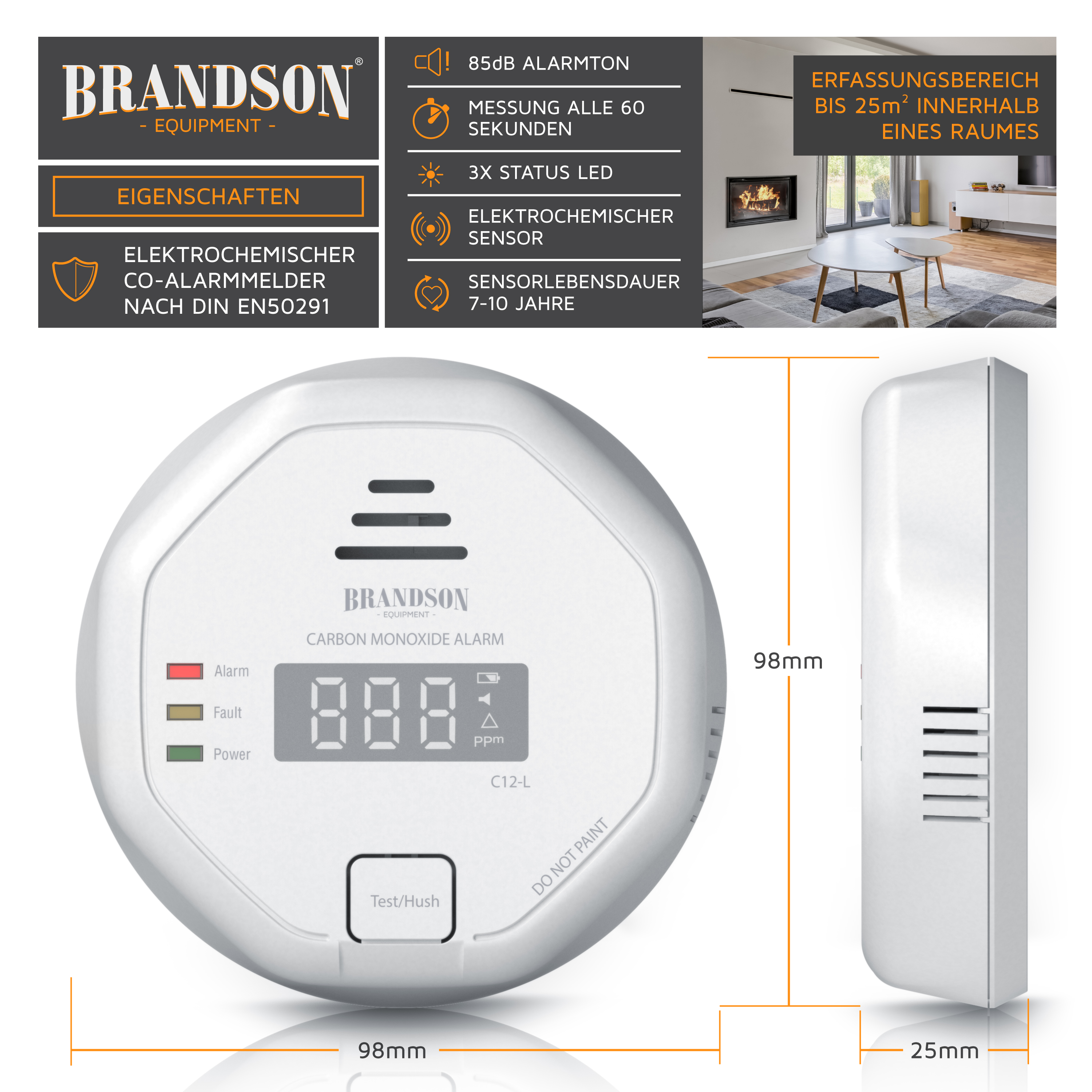 Kohlenmonoxidmelder von Brandson mit rundem weißem Design, Digitalanzeige und Statusanzeigen für Alarm, Fehler und Strom.