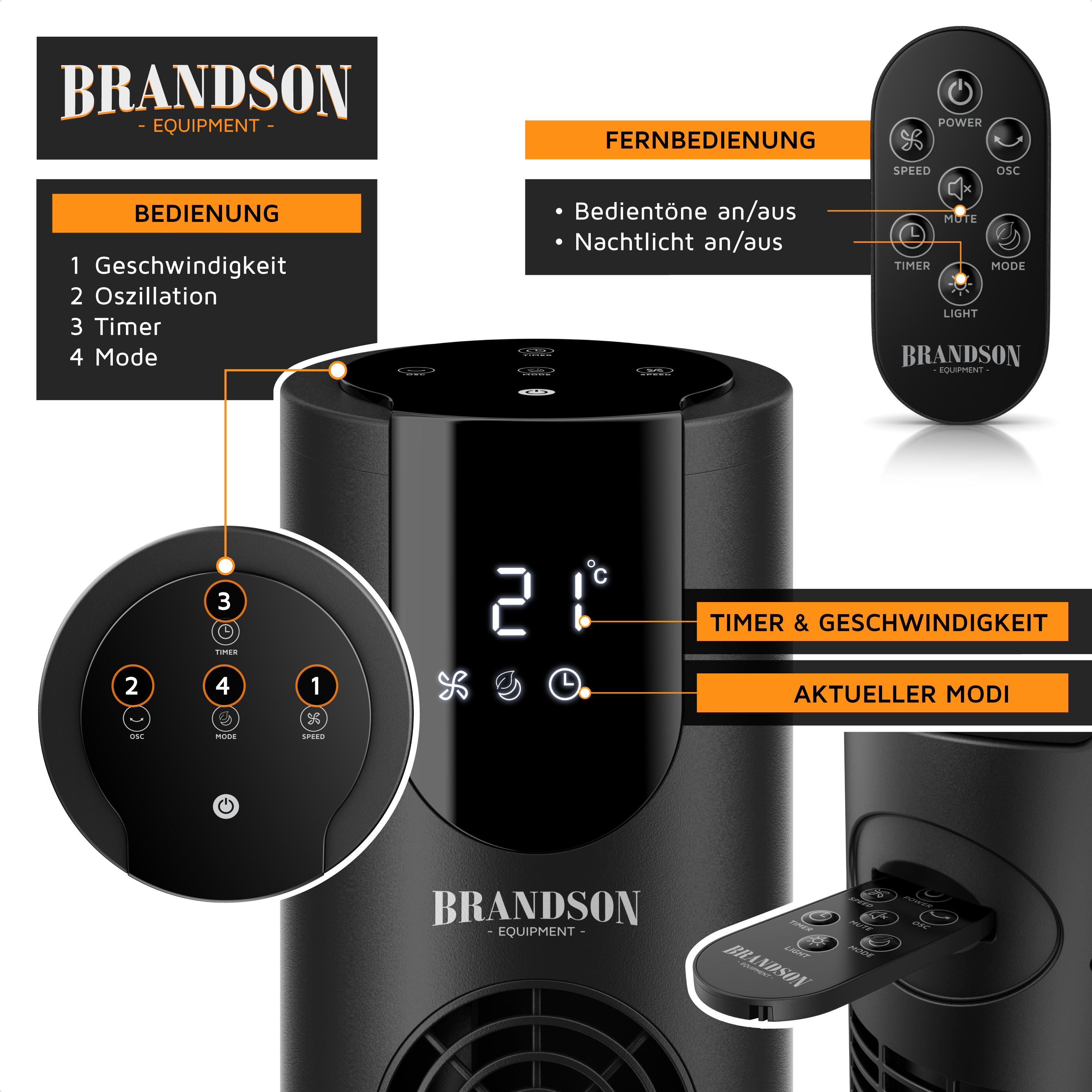 Brandson Turmventilator mit schwarzem Gehäuse, digitalem Display, Bedienfeld und Fernbedienung für einfache Steuerung.