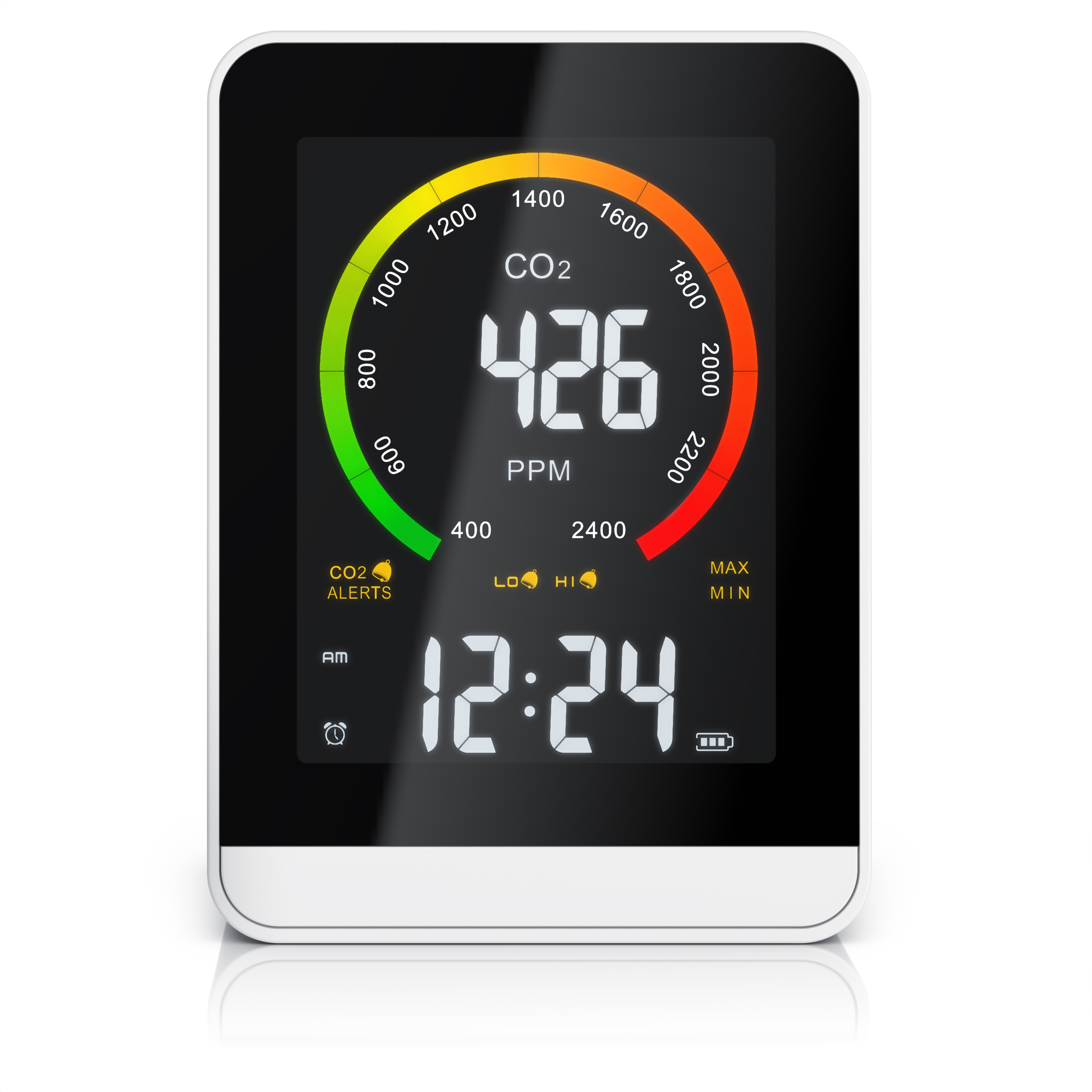 Brandson CO2-Messgerät mit digitalem Display, zeigt CO2-Werte in PPM und Uhrzeit an, kompakte Bauform in Schwarz und Weiß.