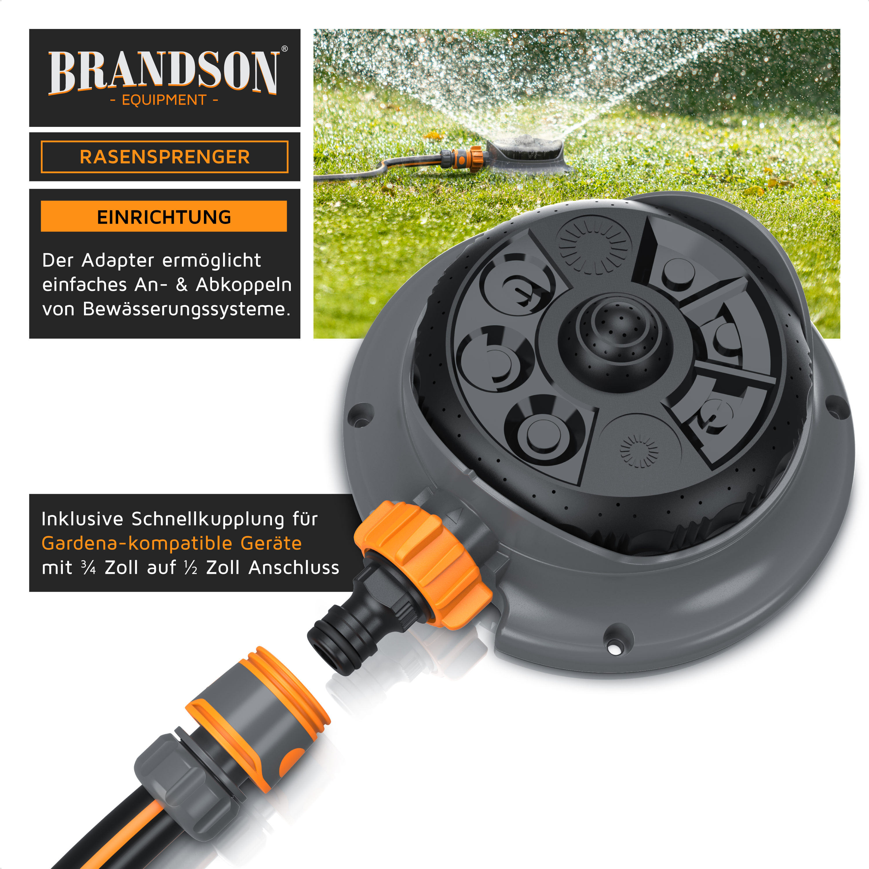 Brandson Rasensprenger mit grauem Gehäuse und orangefarbener Schnellkupplung für einfache Verbindung zu Bewässerungssystemen.