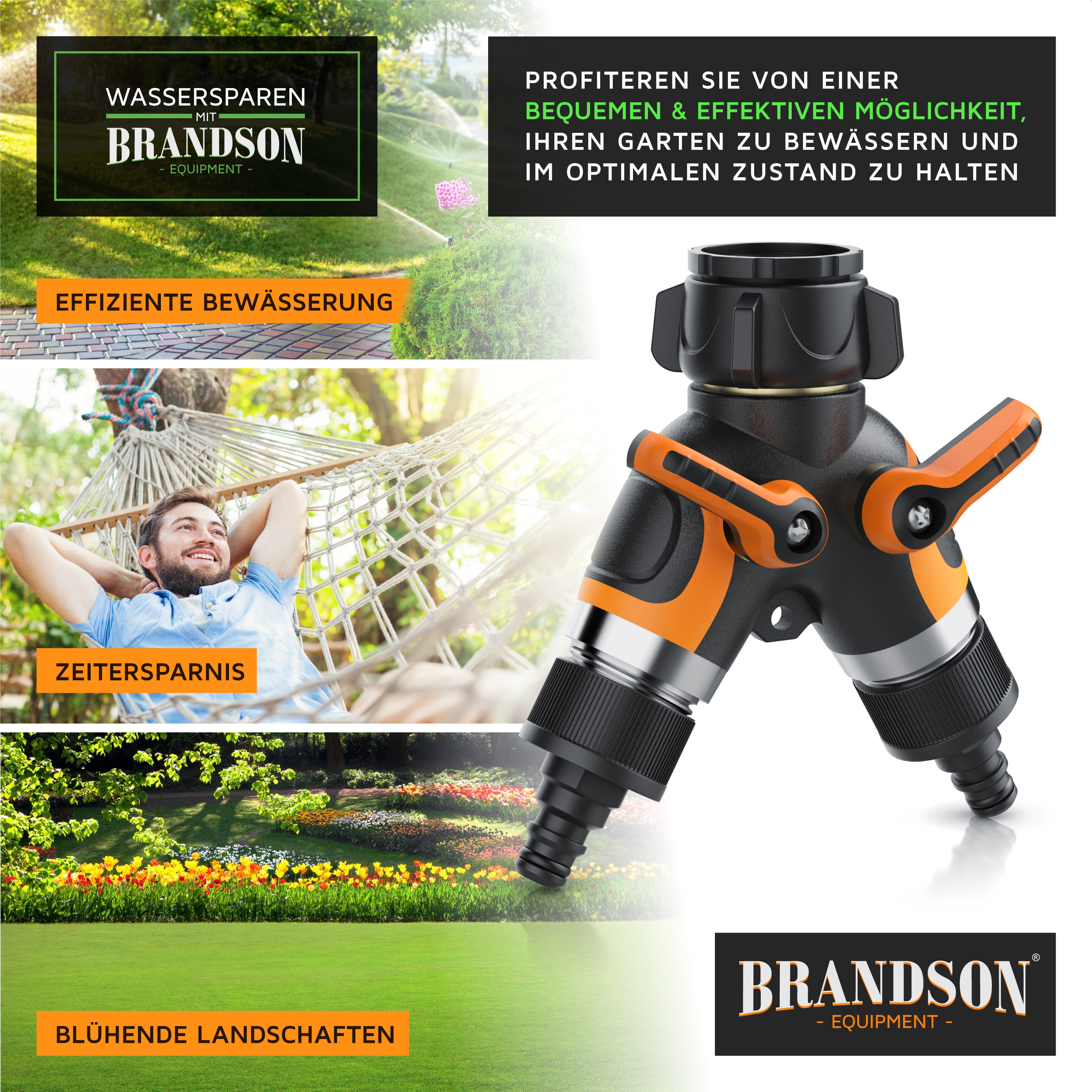 Brandson Gartenbewässerungsgerät mit zwei Ausgängen, schwarzem und orangefarbenem Design, für effiziente Bewässerung im Garten.